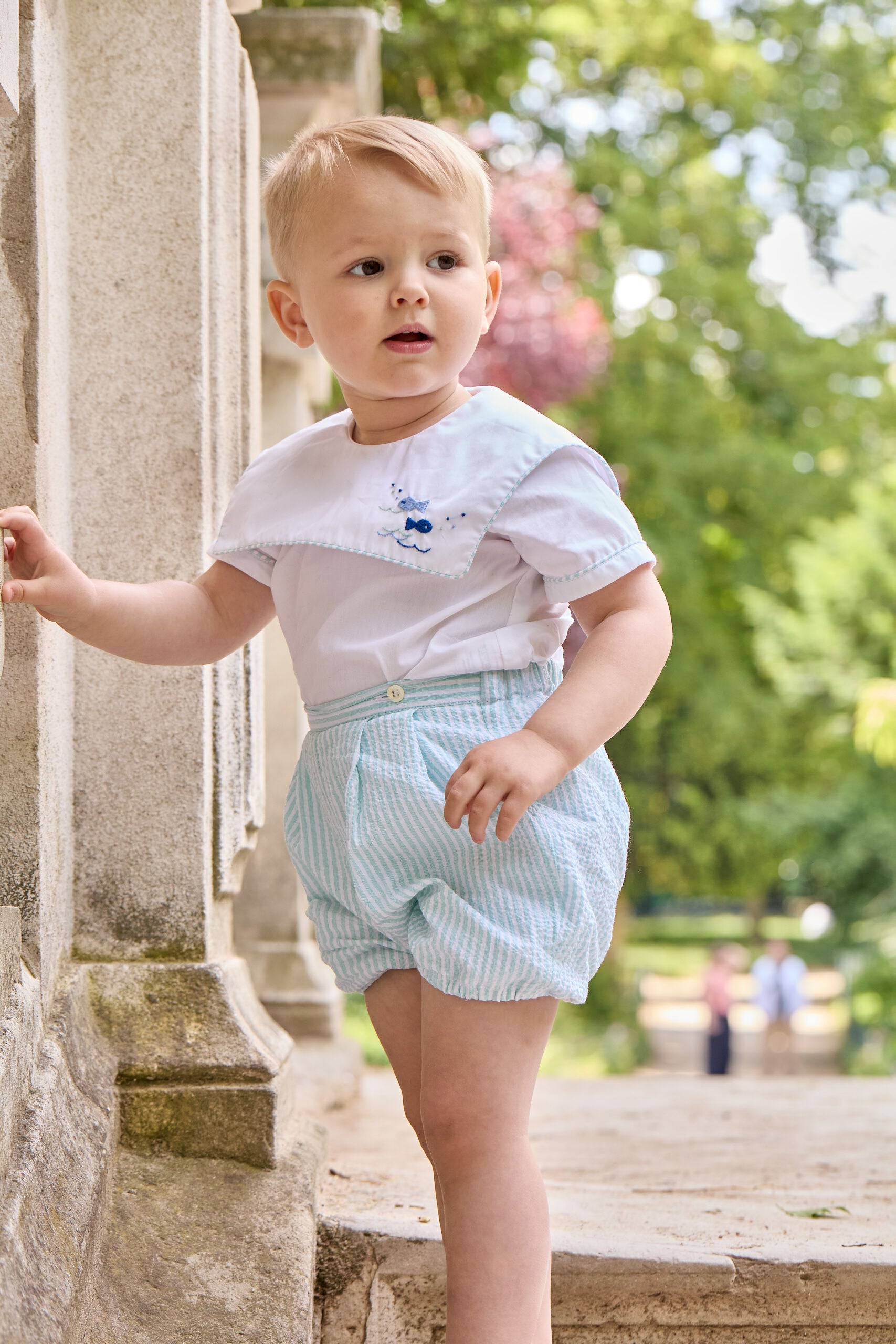 Robinson, ensemble bébé, en popeline blanche et seersucker aqua