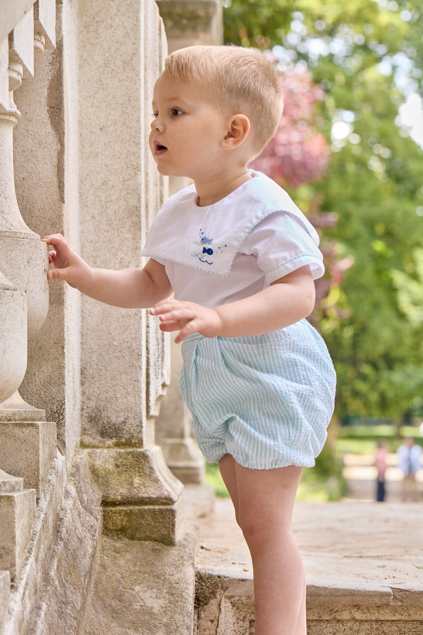 Robinson, ensemble bébé, en popeline blanche et seersucker aqua