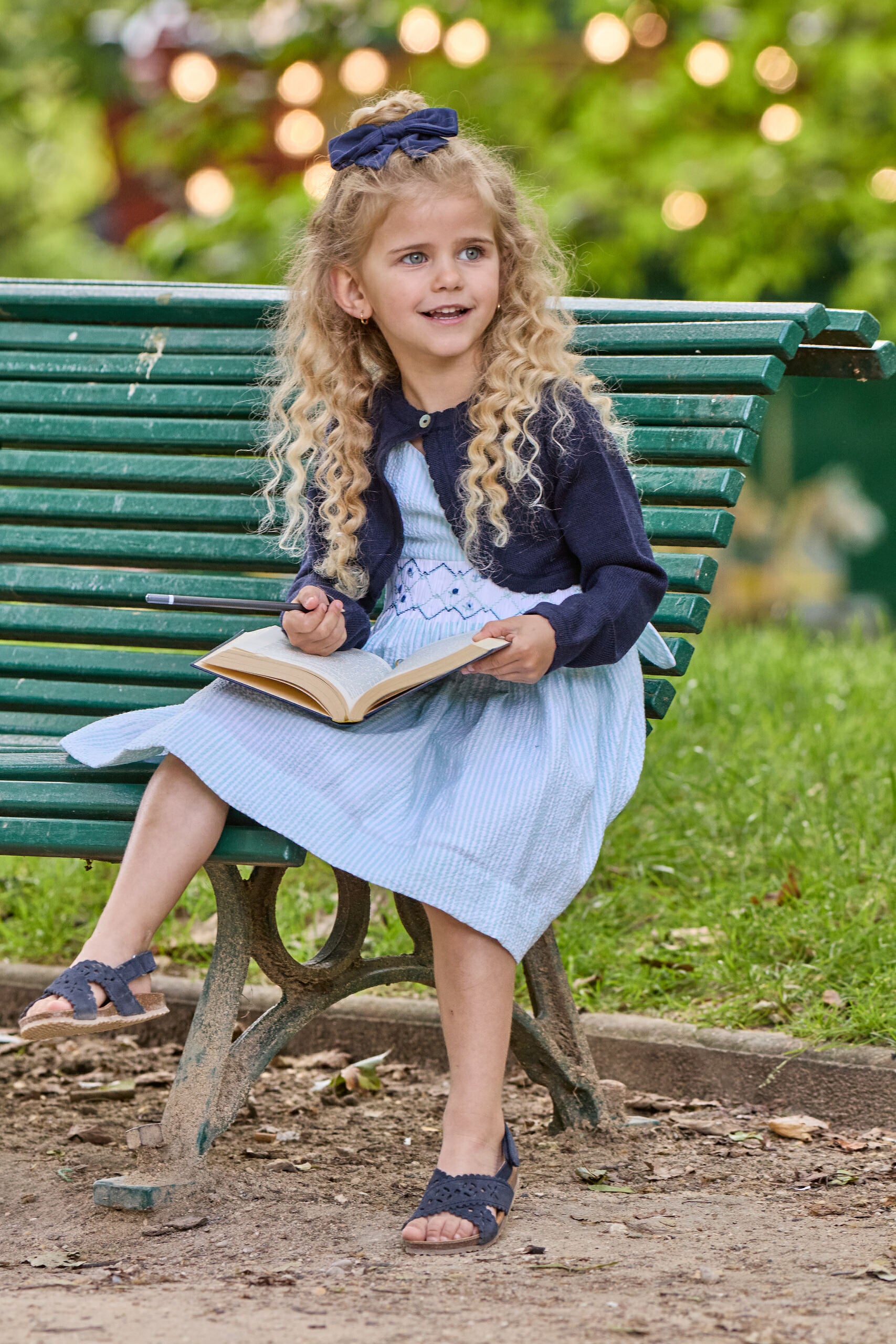 Bégonia, robe à smocks, en seersucker aqua