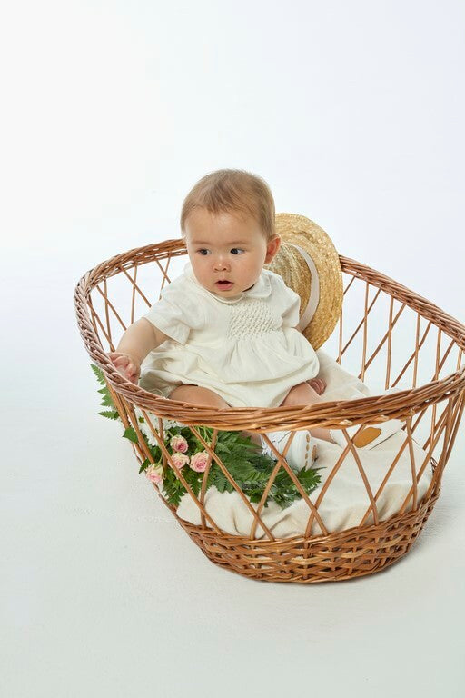 Caleb, smocked baby boy romper, in Fake linen off white