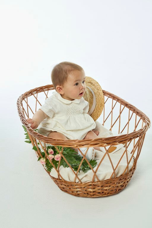 Caleb, smocked baby boy romper, in Fake linen off white