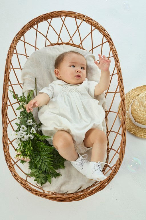 Caleb, smocked baby boy romper, in Fake linen off white