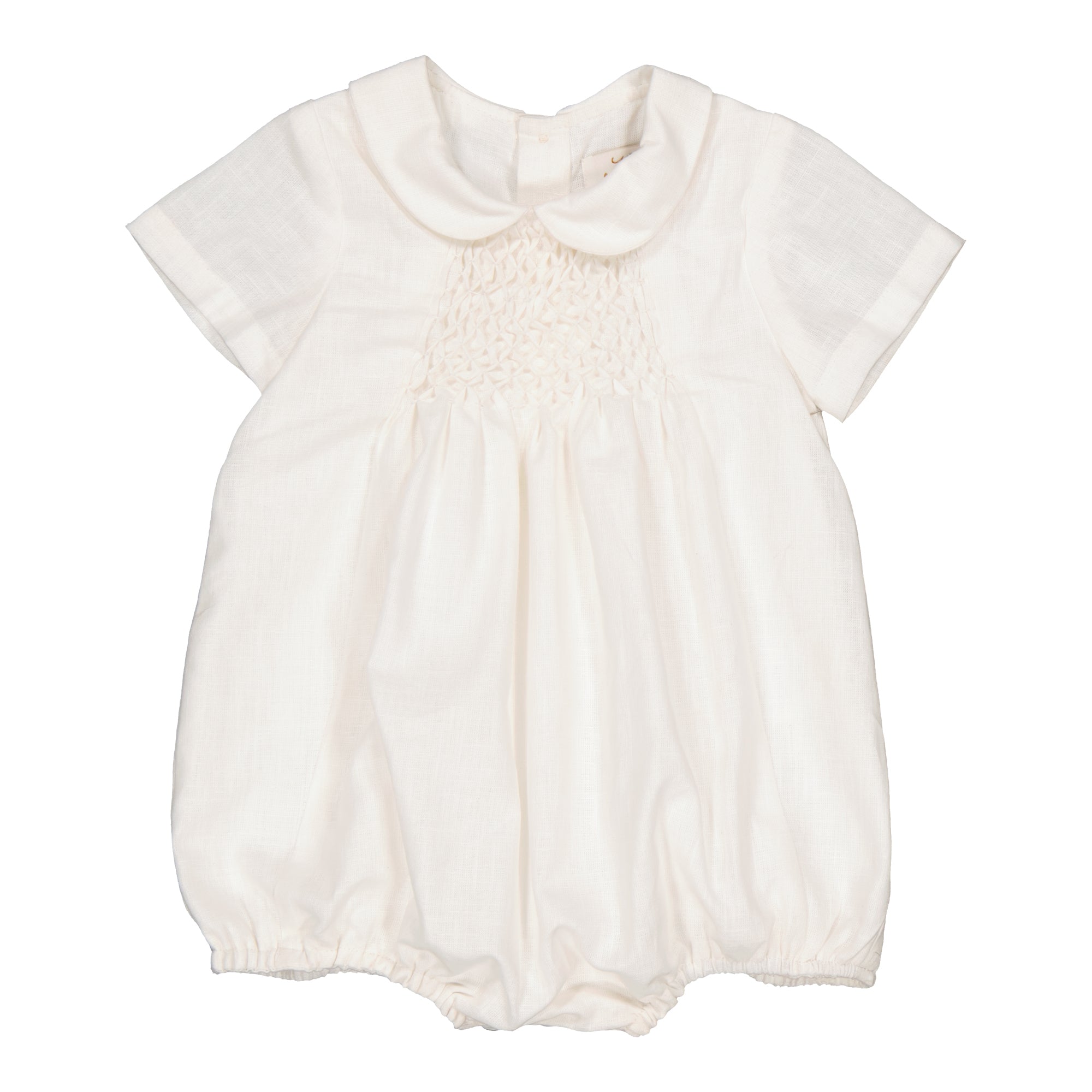 Caleb, smocked baby boy romper, in Fake linen off white