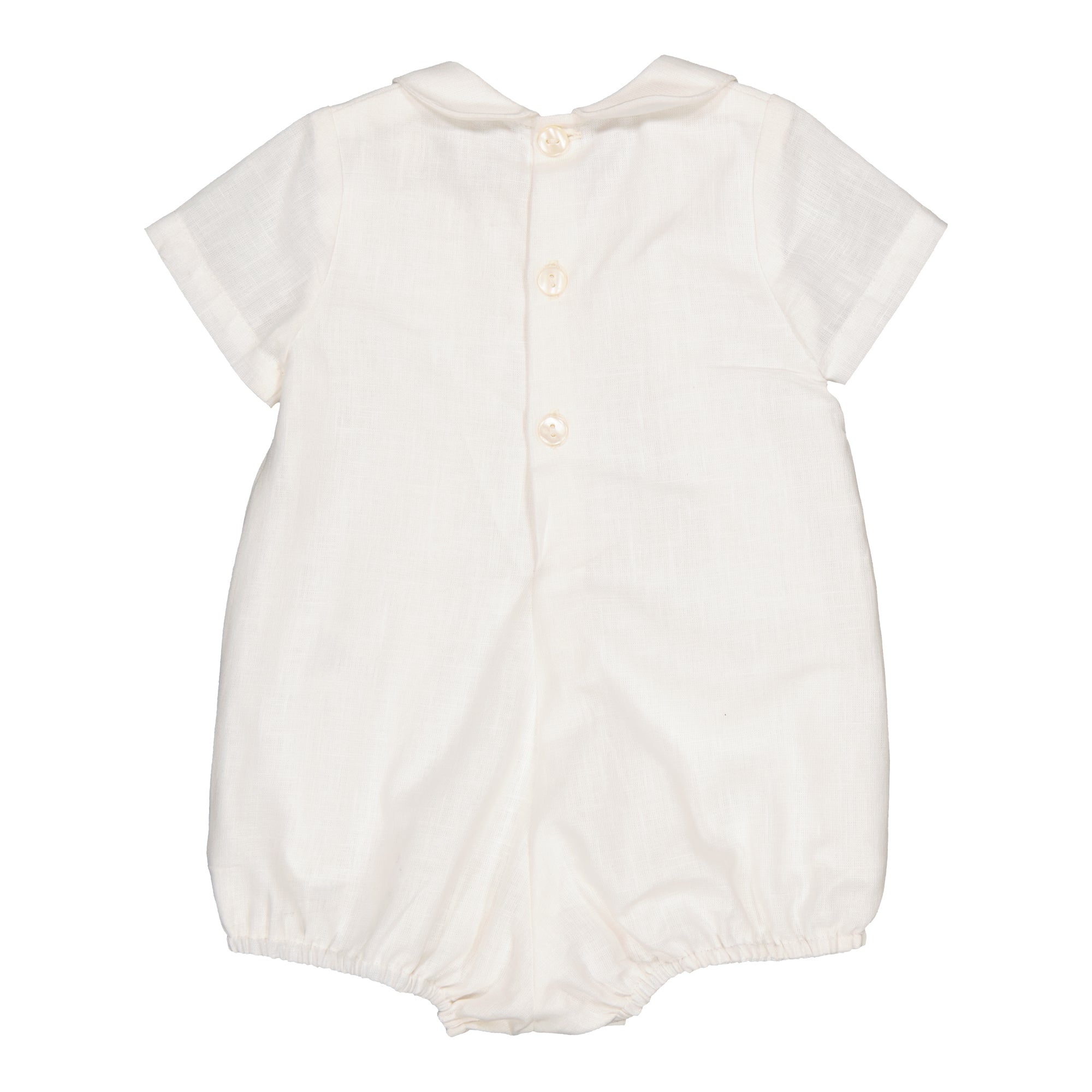 Caleb, smocked baby boy romper, in Fake linen off white