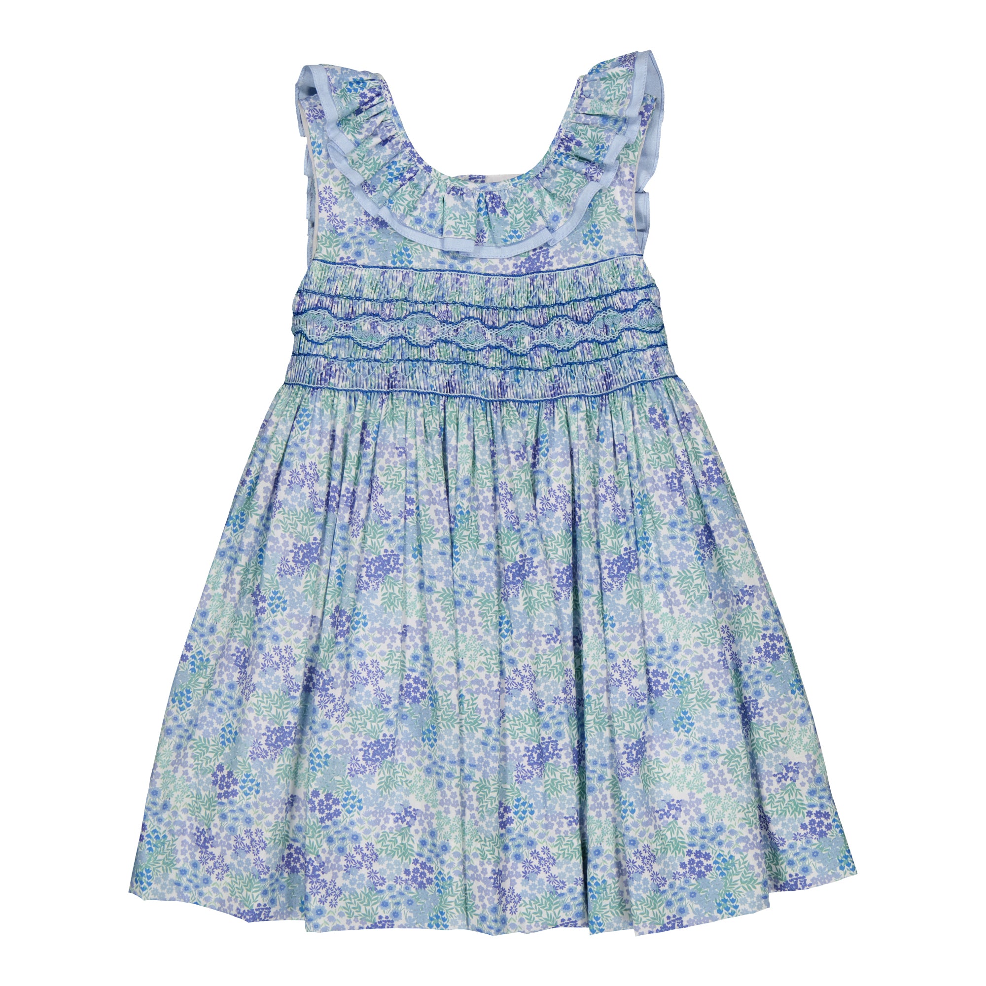 Mélina, robe à smocks, imprimé fleuri bleu vif