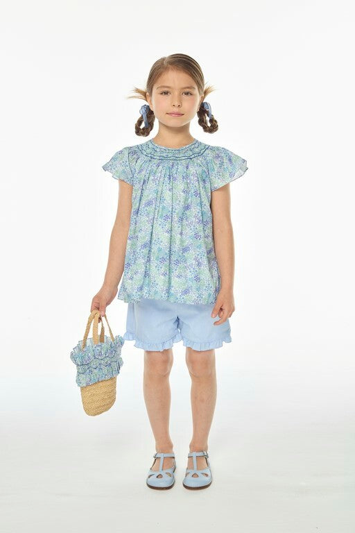 Bergénie, blouse à smocks, imprimé fleuri bleu vif