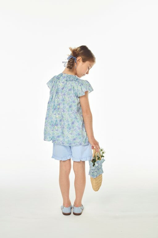 Bergénie, blouse à smocks, imprimé fleuri bleu vif