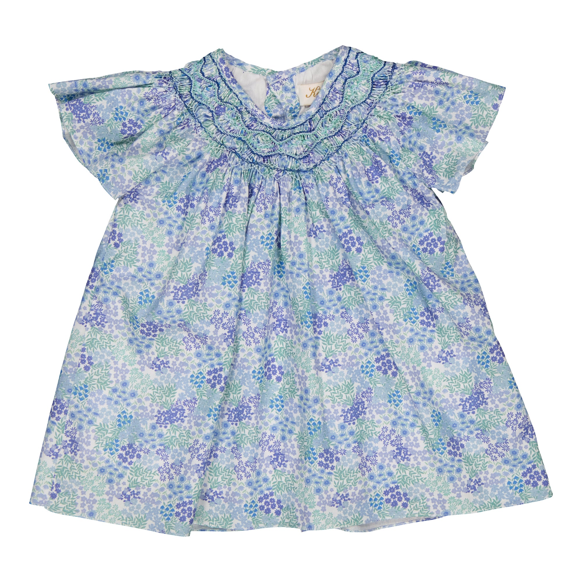 Bergénie, blouse à smocks, imprimé fleuri bleu vif