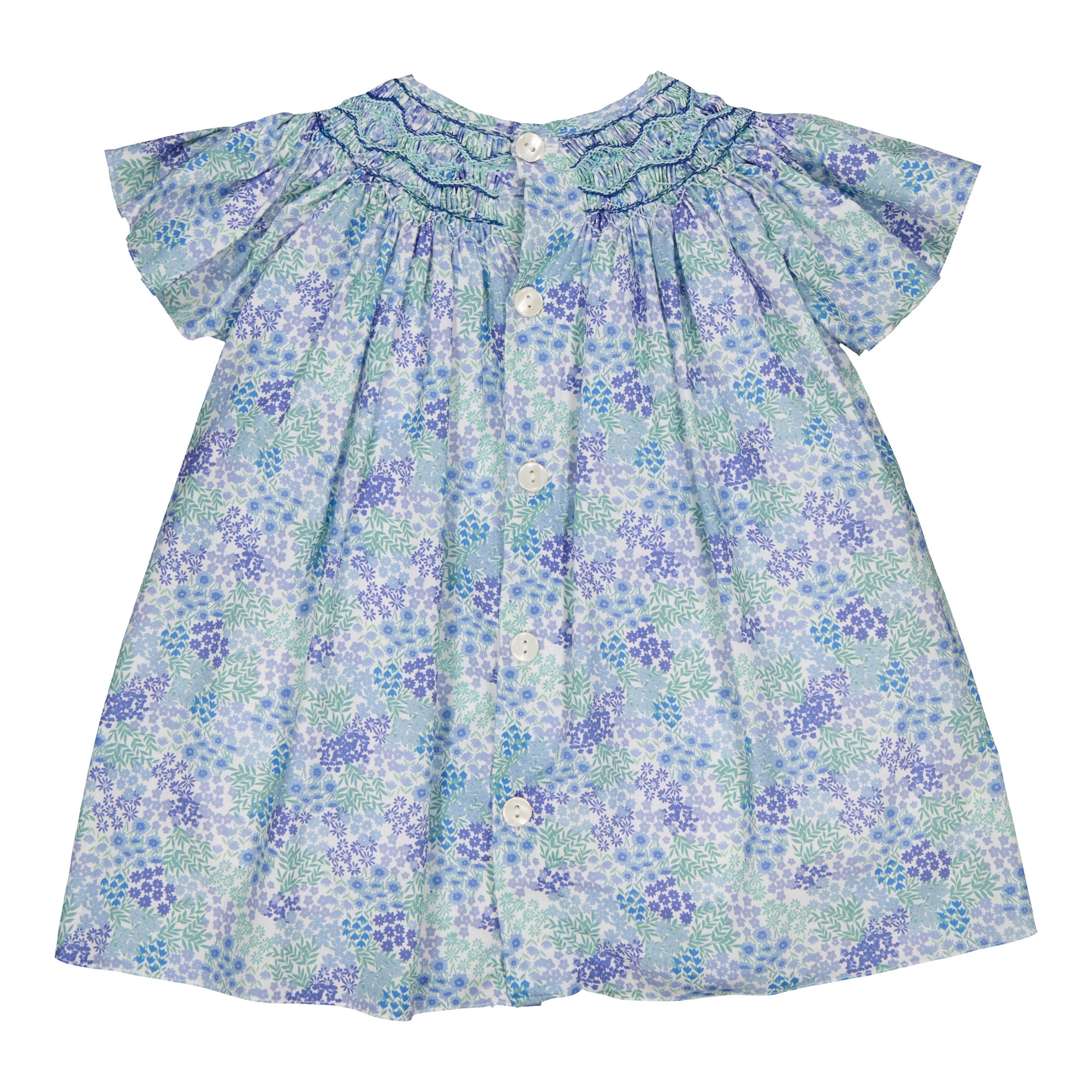 Bergénie, blouse à smocks, imprimé fleuri bleu vif