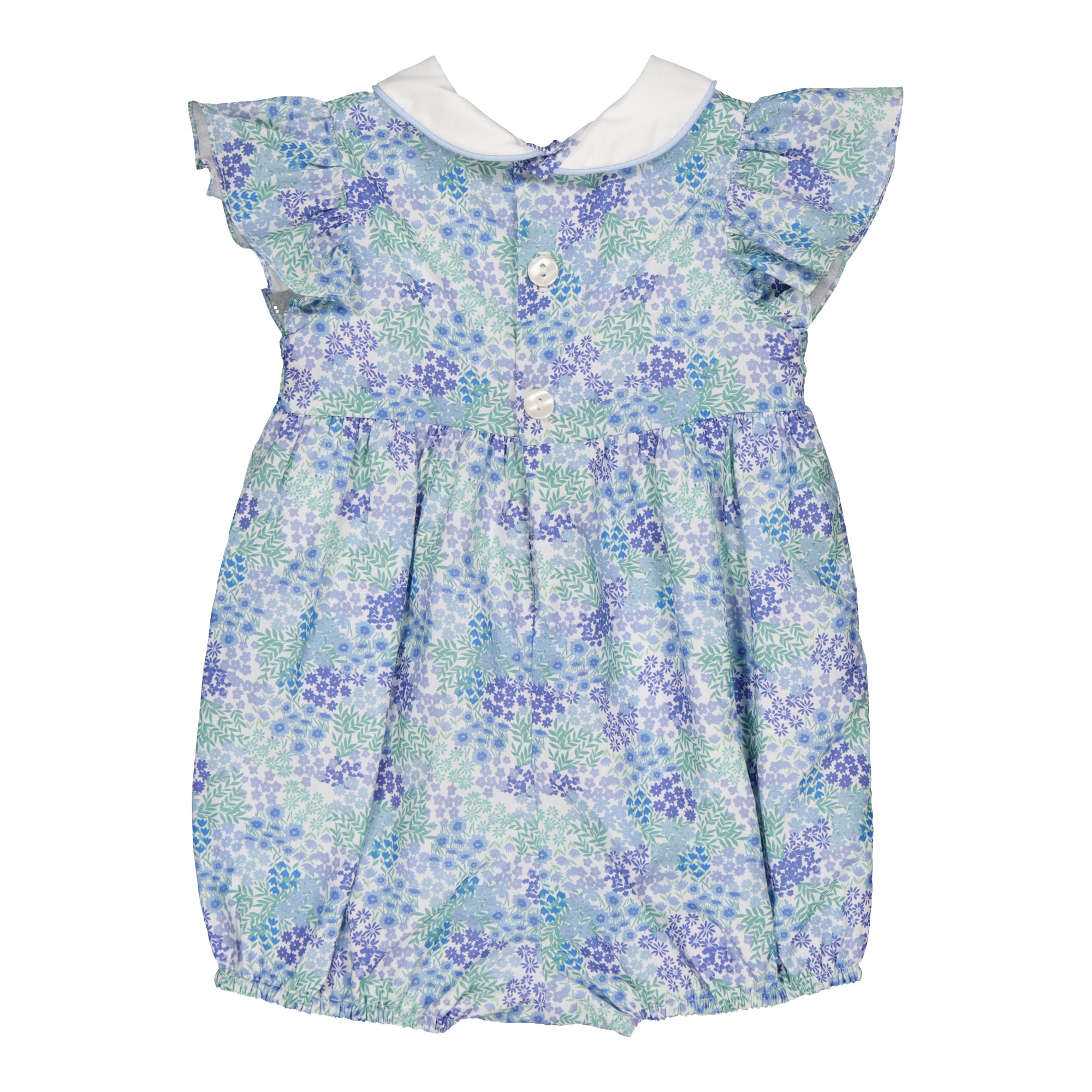 Julyne, barboteuse à smocks, imprimé fleuri bleu vif