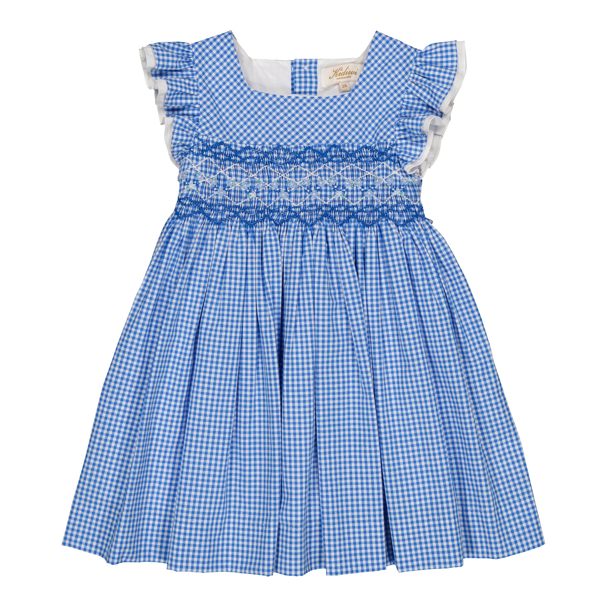 Enora, robe à smocks en vichy bleu