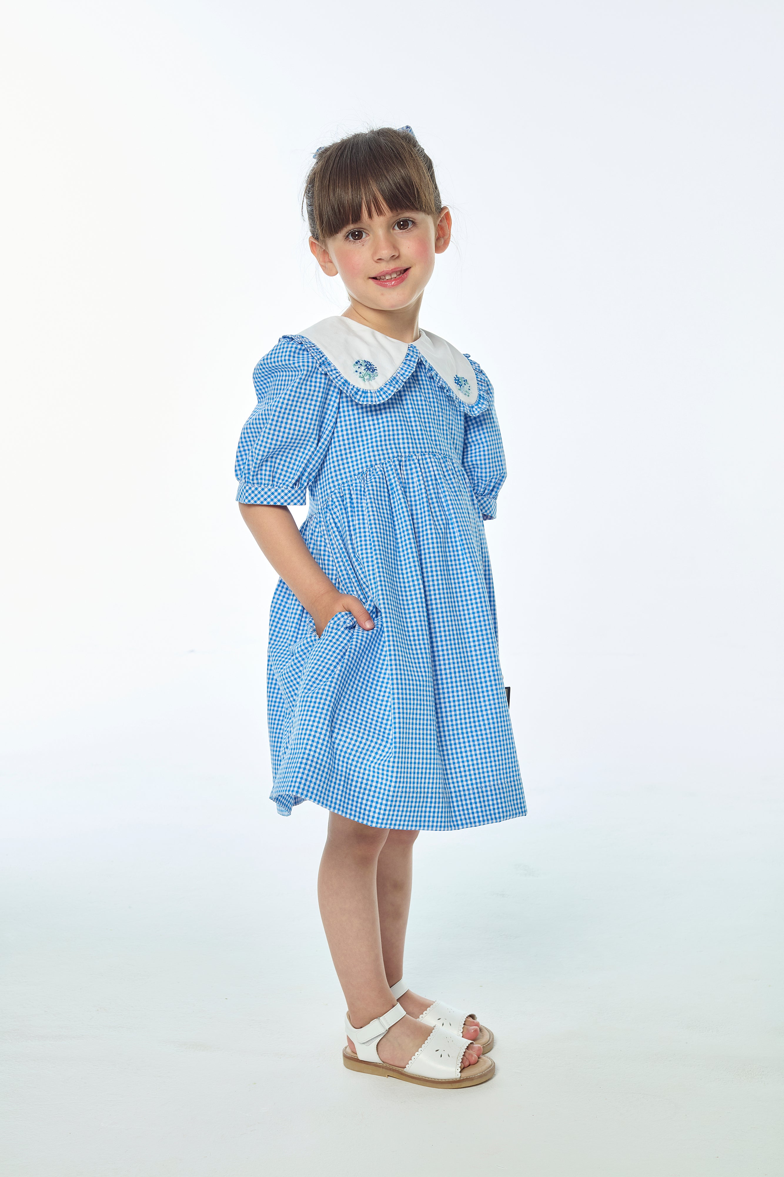 Swanille, robe brodée en vichy bleu