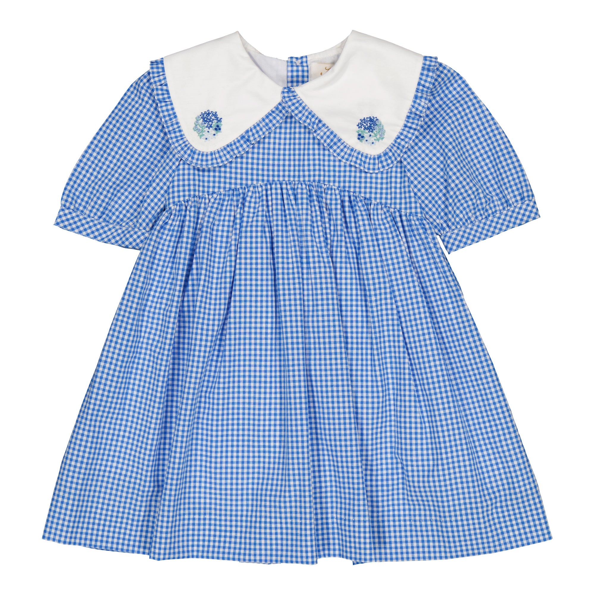 Swanille, robe brodée en vichy bleu