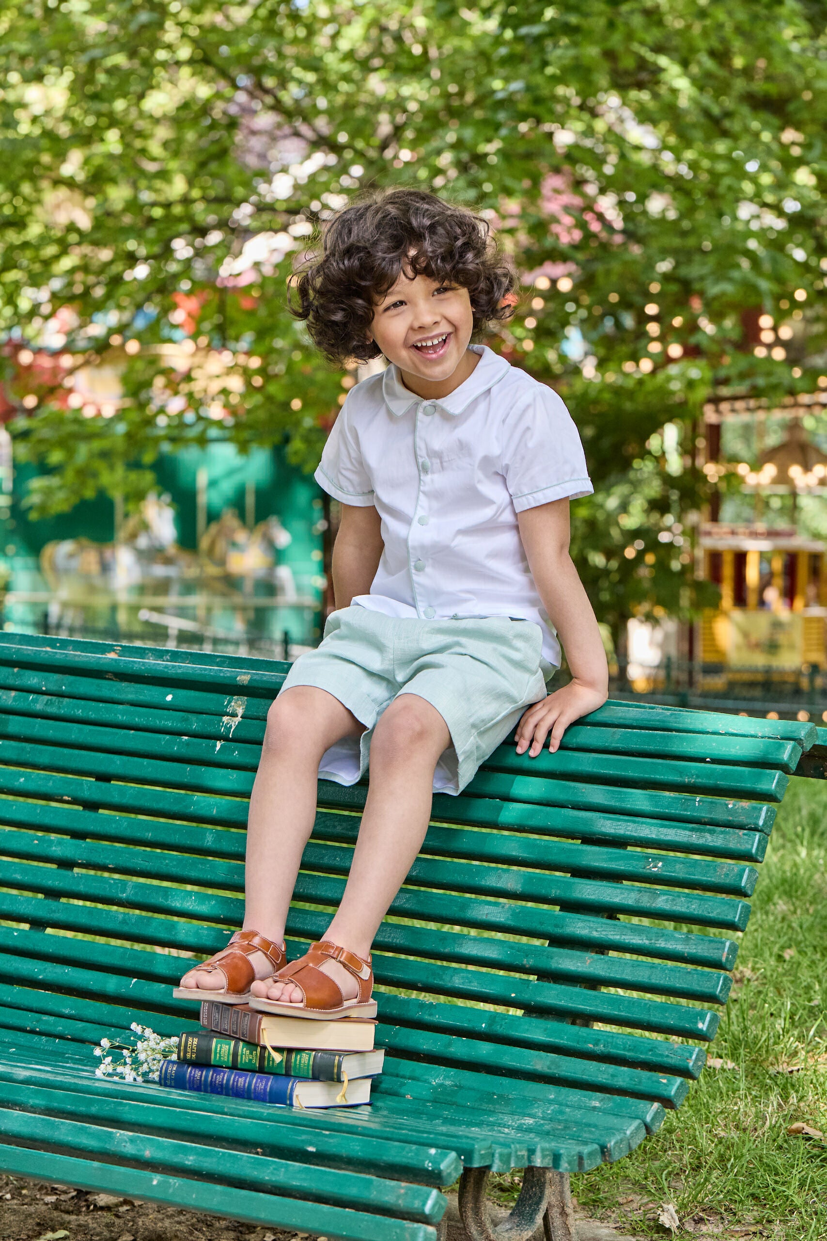 Lucien, chemise garçon en popeline blanche passepoil en lin menthe