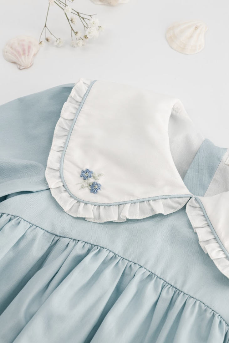 Swanille, robe brodée en popeline bleue