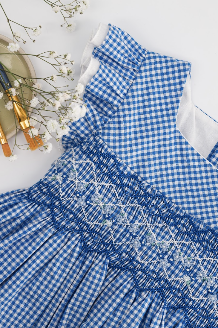 Enora, smocked dress, in Small french blue gingham