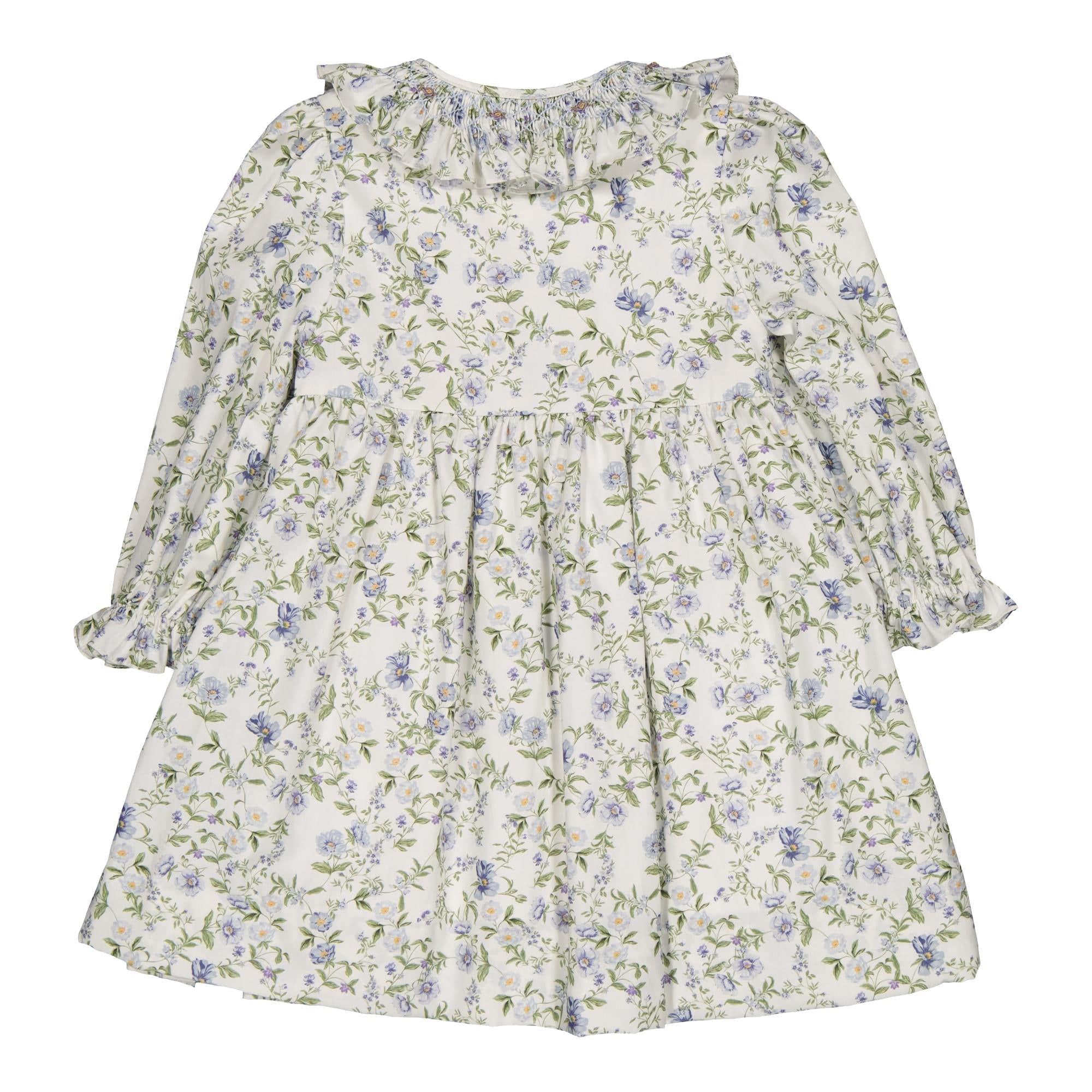 Adeline, robe à smocks, en imprimé romantique avec des fleurs bleues