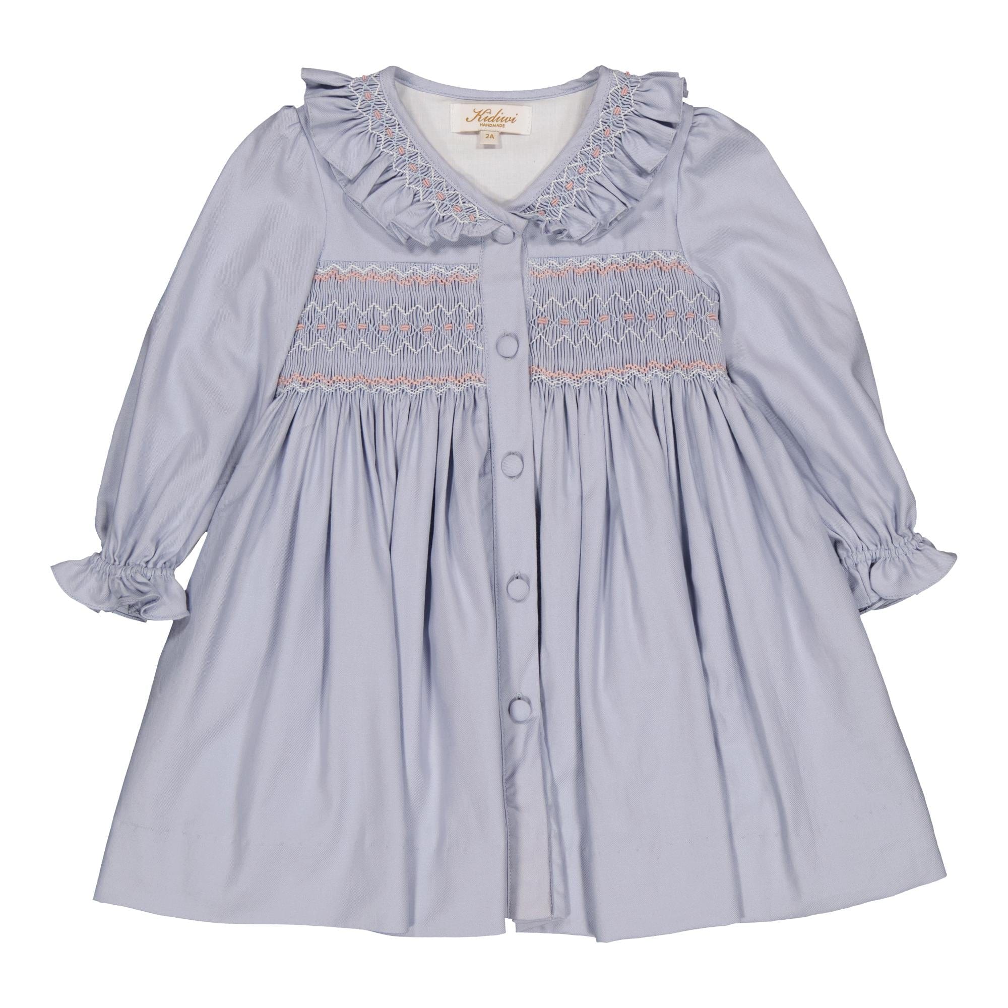 Adeline, robe à smocks en sergé de coton biologique bleu arctique