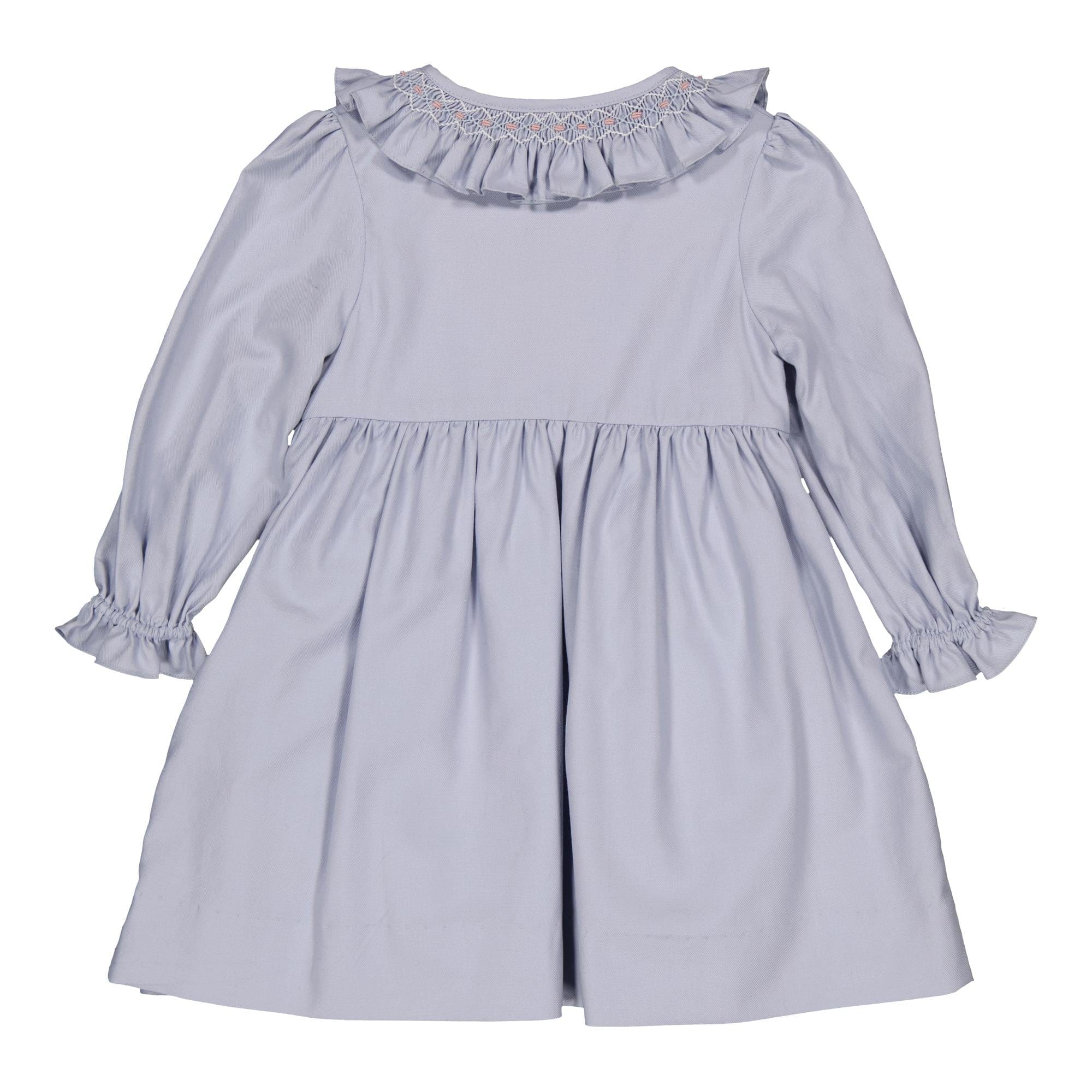 Adeline, robe à smocks en sergé de coton biologique bleu arctique