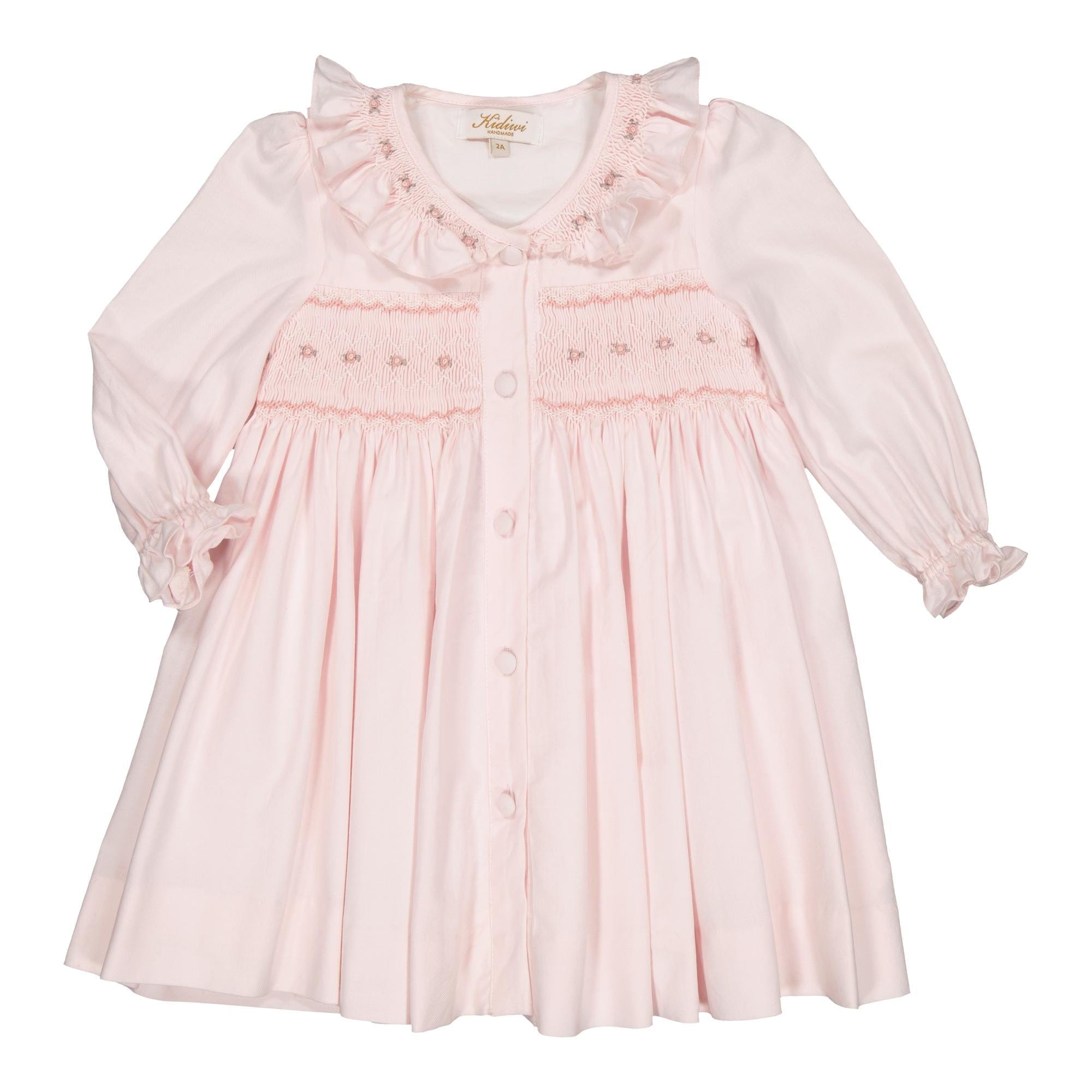 Adeline, robe à smocks en sergé de coton biologique rose pâle