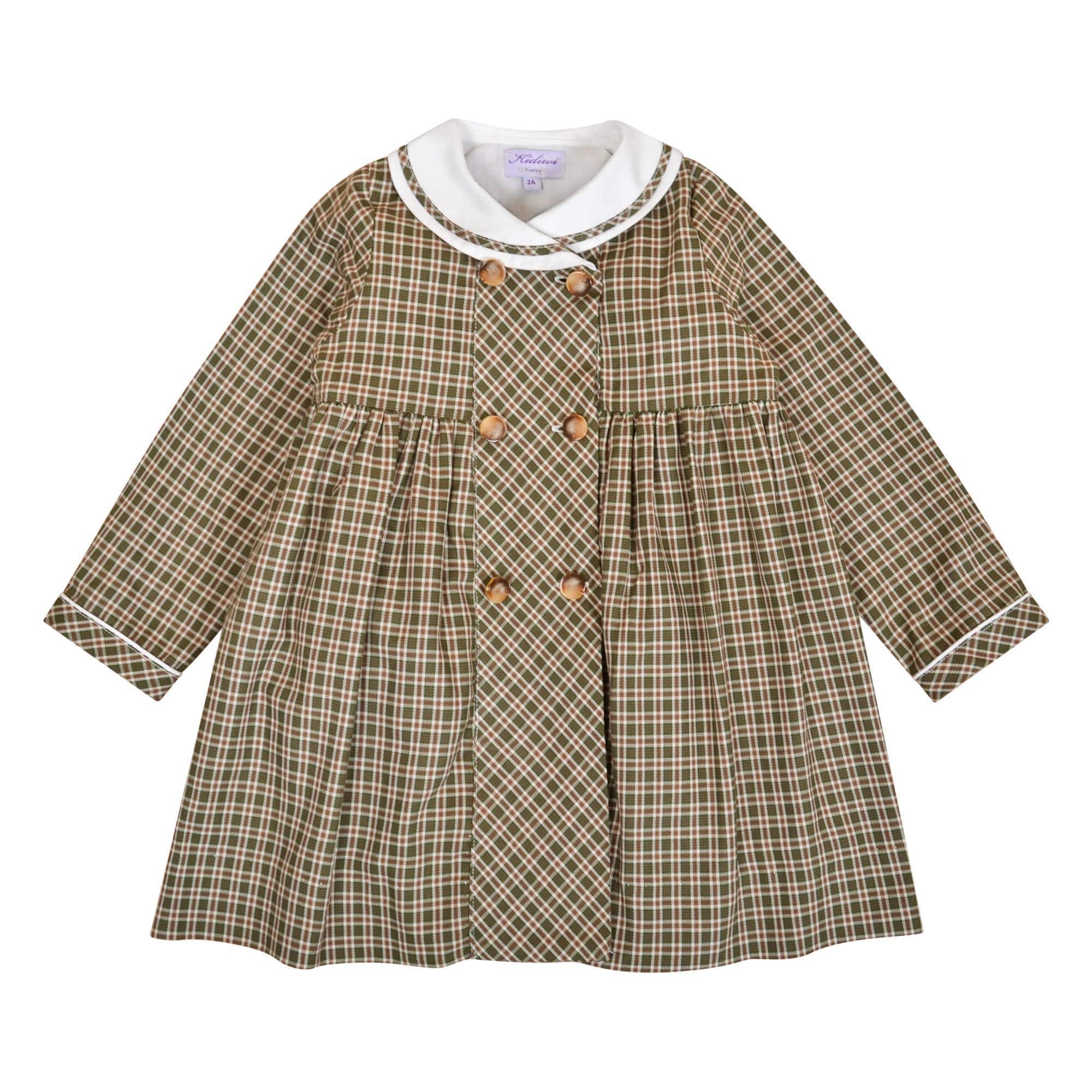 Ambre, Robe droite à manches longues, col châle, ouverture croisée, en Tartan kaki - Ambre, Straight long-sleeved dress, shawl collar, double-breasted opening, in khaki Tartan