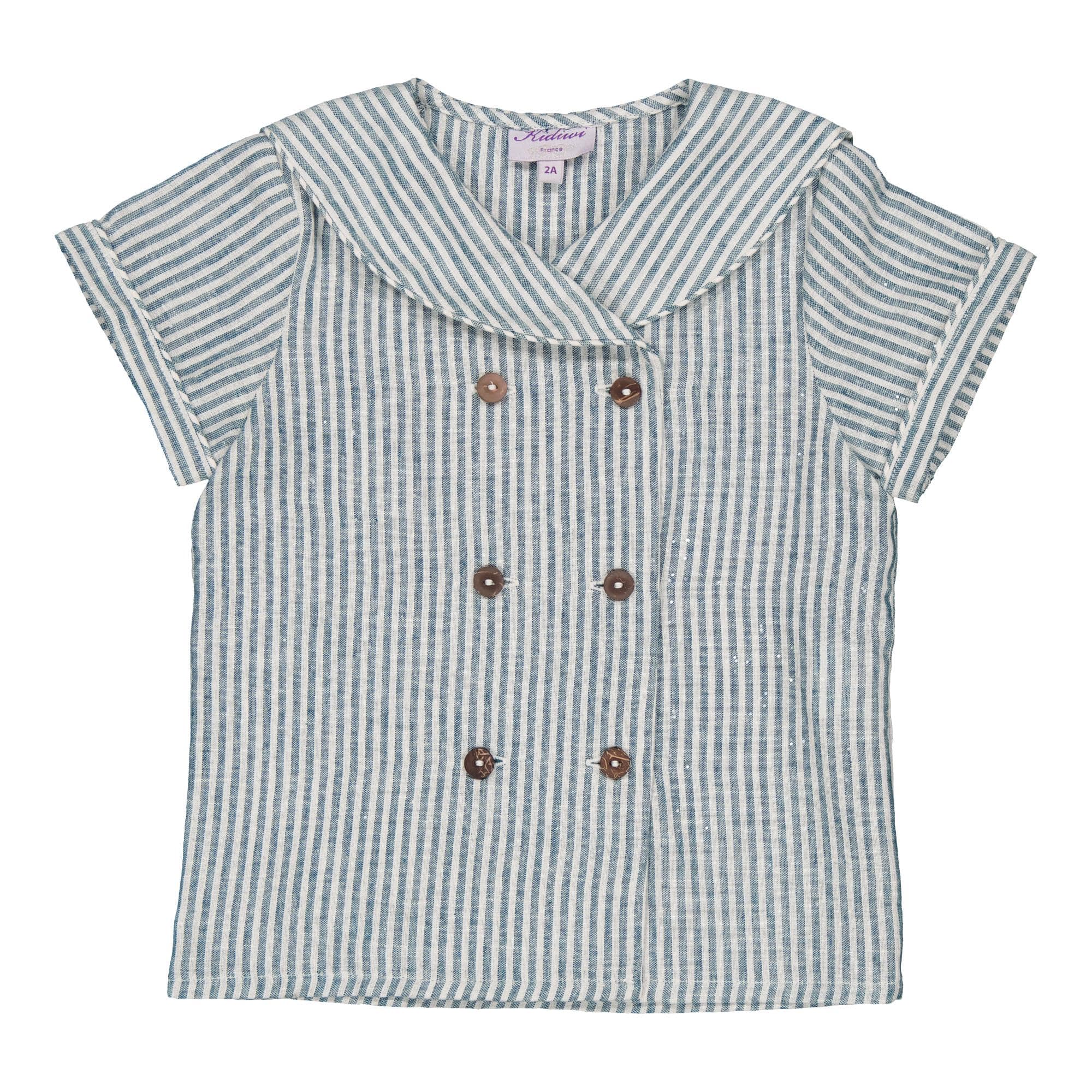 Ambroise, boy  shirt with sailor collar, short sleeves and double-breasted opening, in Teal stripes linen