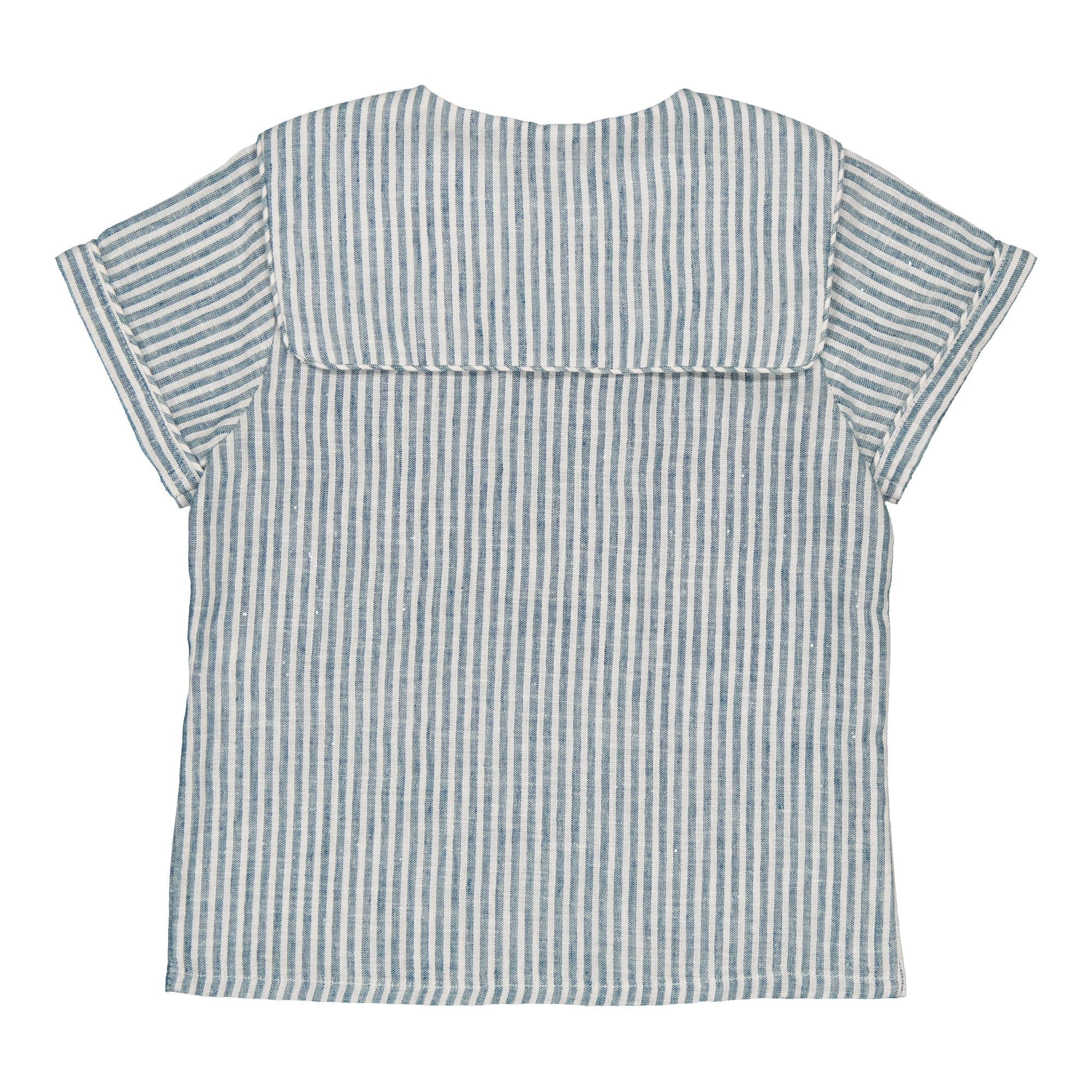 Ambroise, boy  shirt with sailor collar, short sleeves and double-breasted opening, in Teal stripes linen