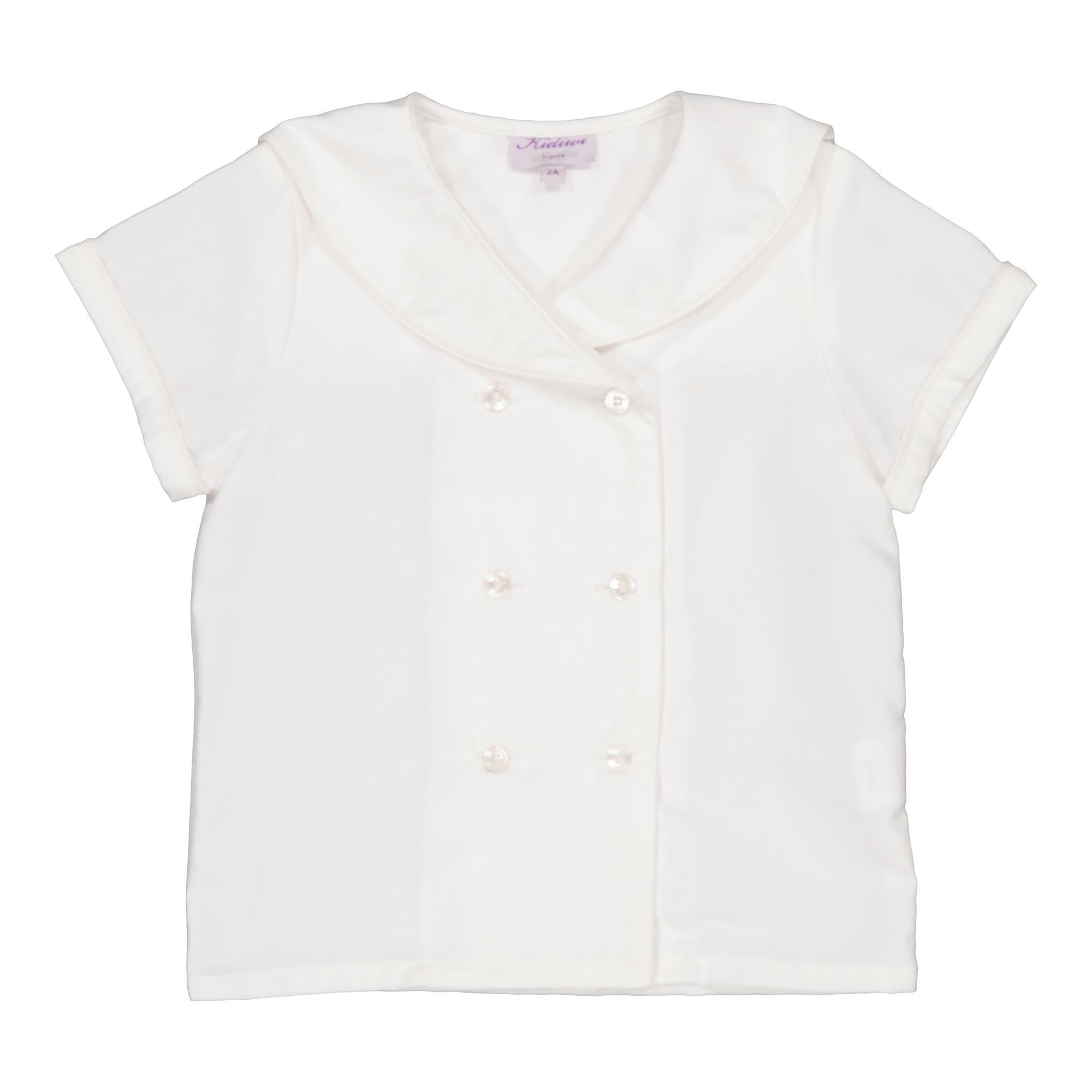 Ambroise, boy  shirt with sailor collar, short sleeves and double-breasted opening, in White cotton piqué