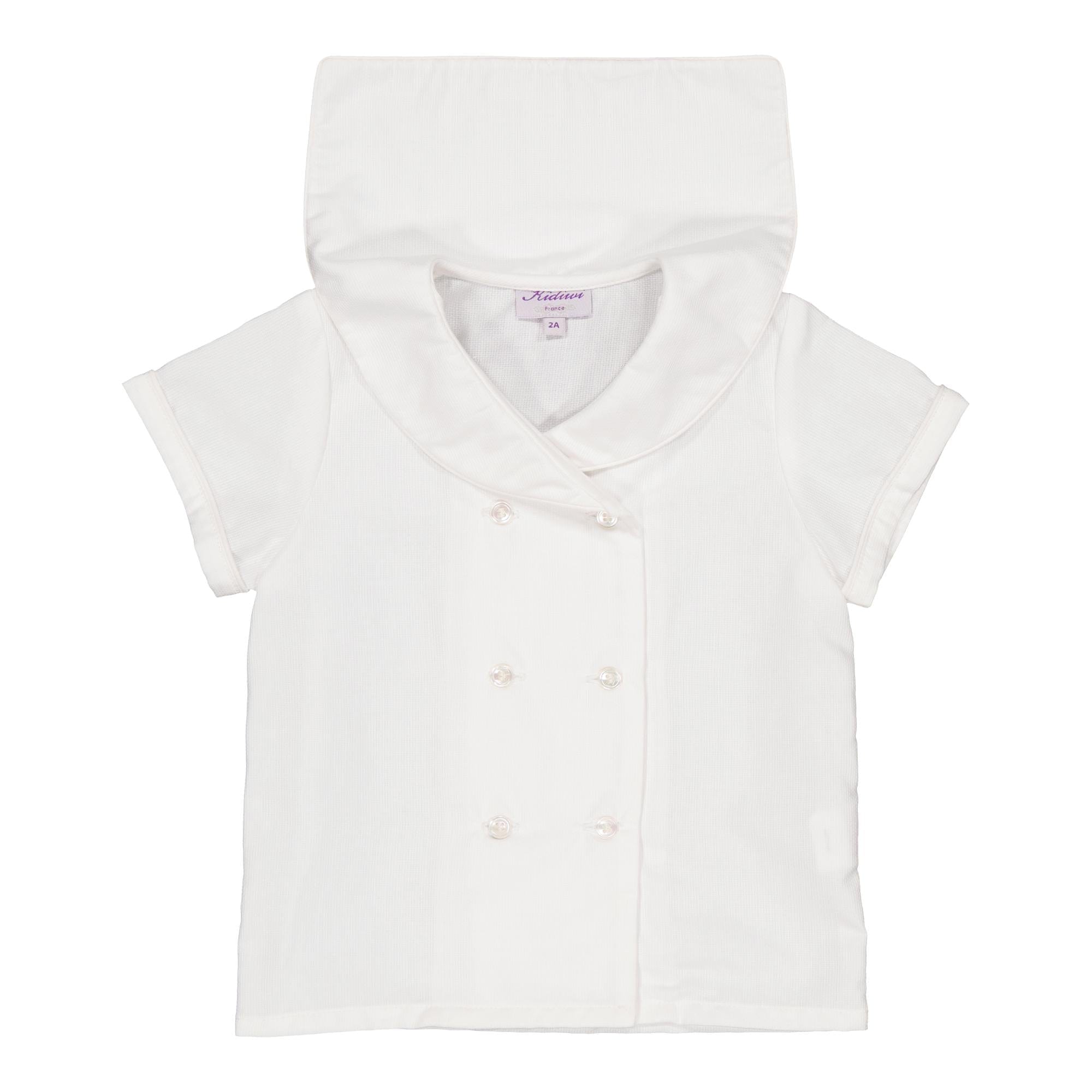 Ambroise, boy  shirt with sailor collar, short sleeves and double-breasted opening, in White cotton piqué