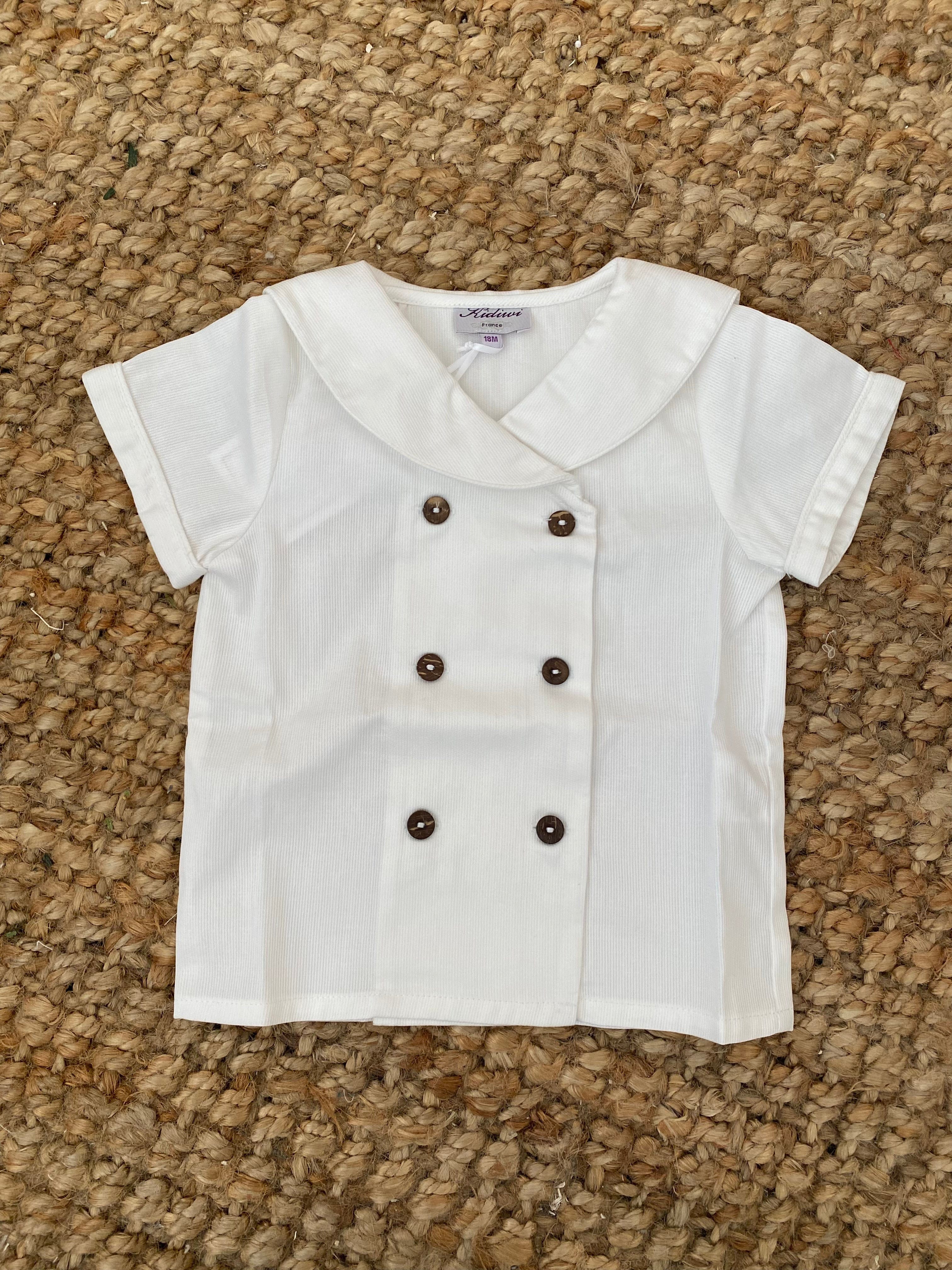 Ambroise, boy  shirt with sailor collar, short sleeves and double-breasted opening, in White cotton piqué