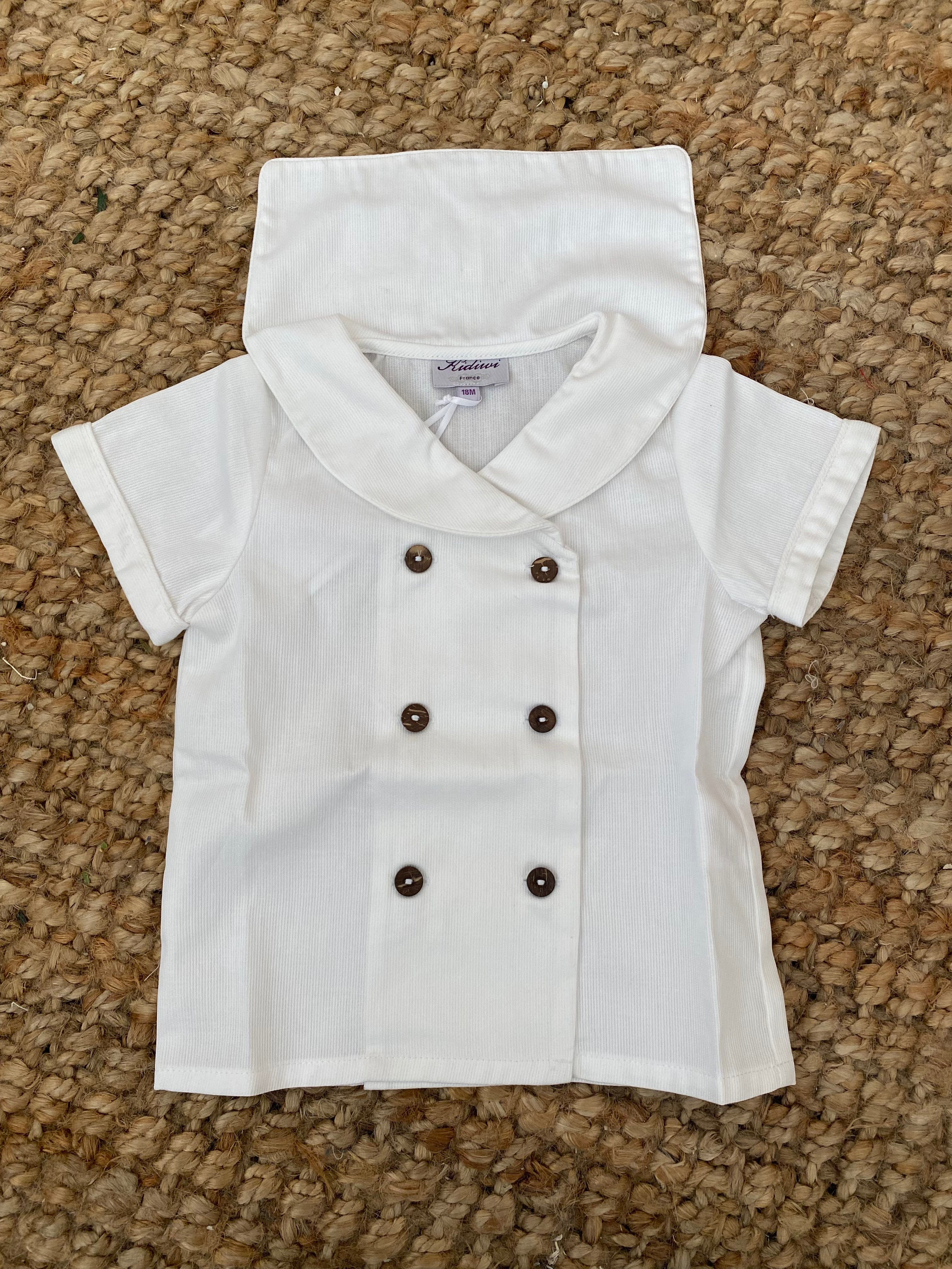 Ambroise, boy  shirt with sailor collar, short sleeves and double-breasted opening, in White cotton piqué