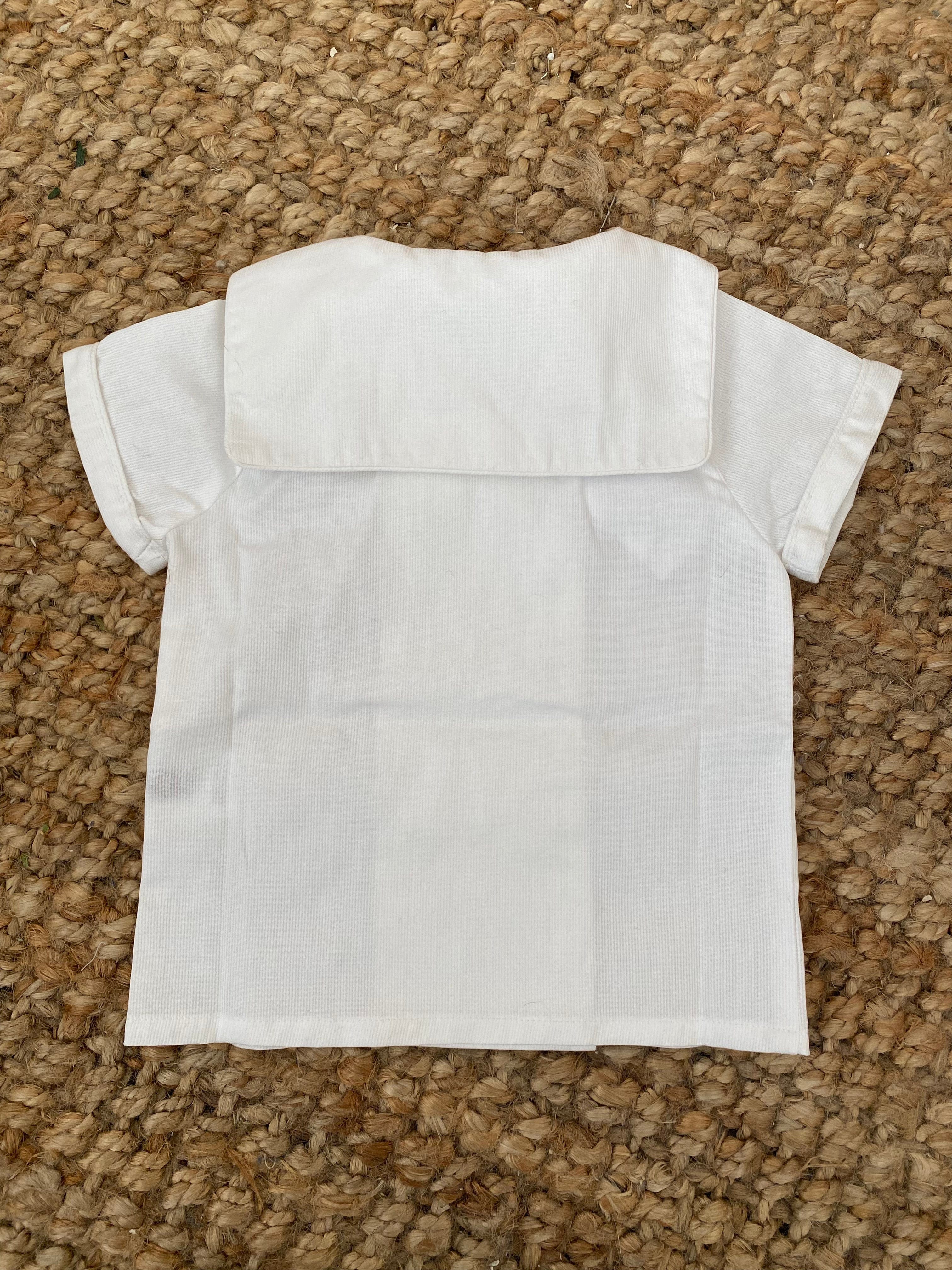 Ambroise, boy  shirt with sailor collar, short sleeves and double-breasted opening, in White cotton piqué