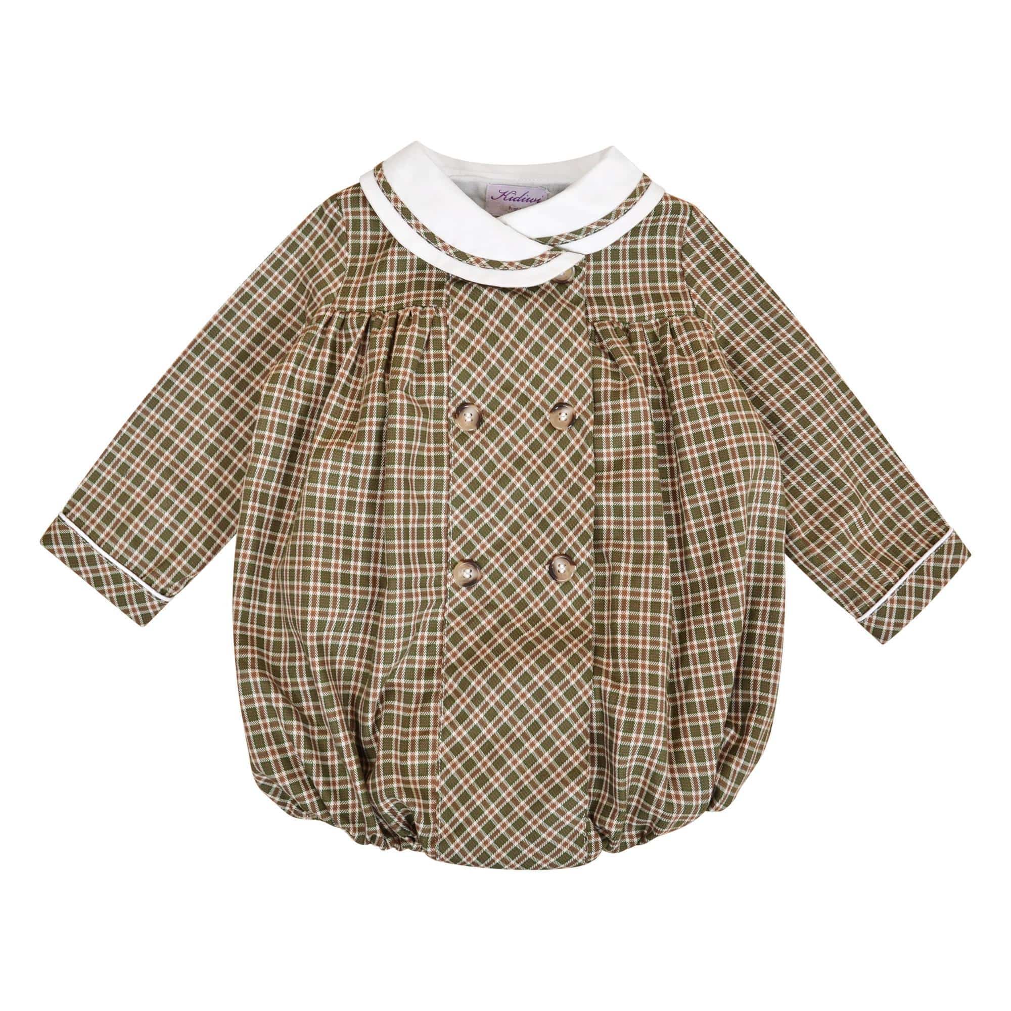 Anatole, barboteuse bébé manches longues, col châle, ouverture croisée, en tartan Kaki - Anatole, Long-sleeved baby romper, shawl collar, double-breasted opening, in Khaki tartan