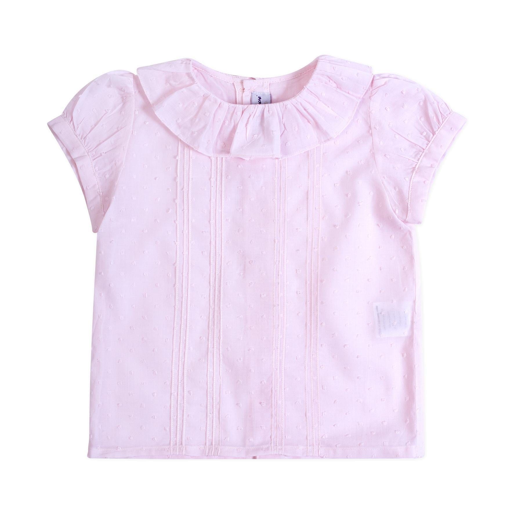 Anémone , girl blouse with ruffled collar and pintucks on front, in baby pink plumetis