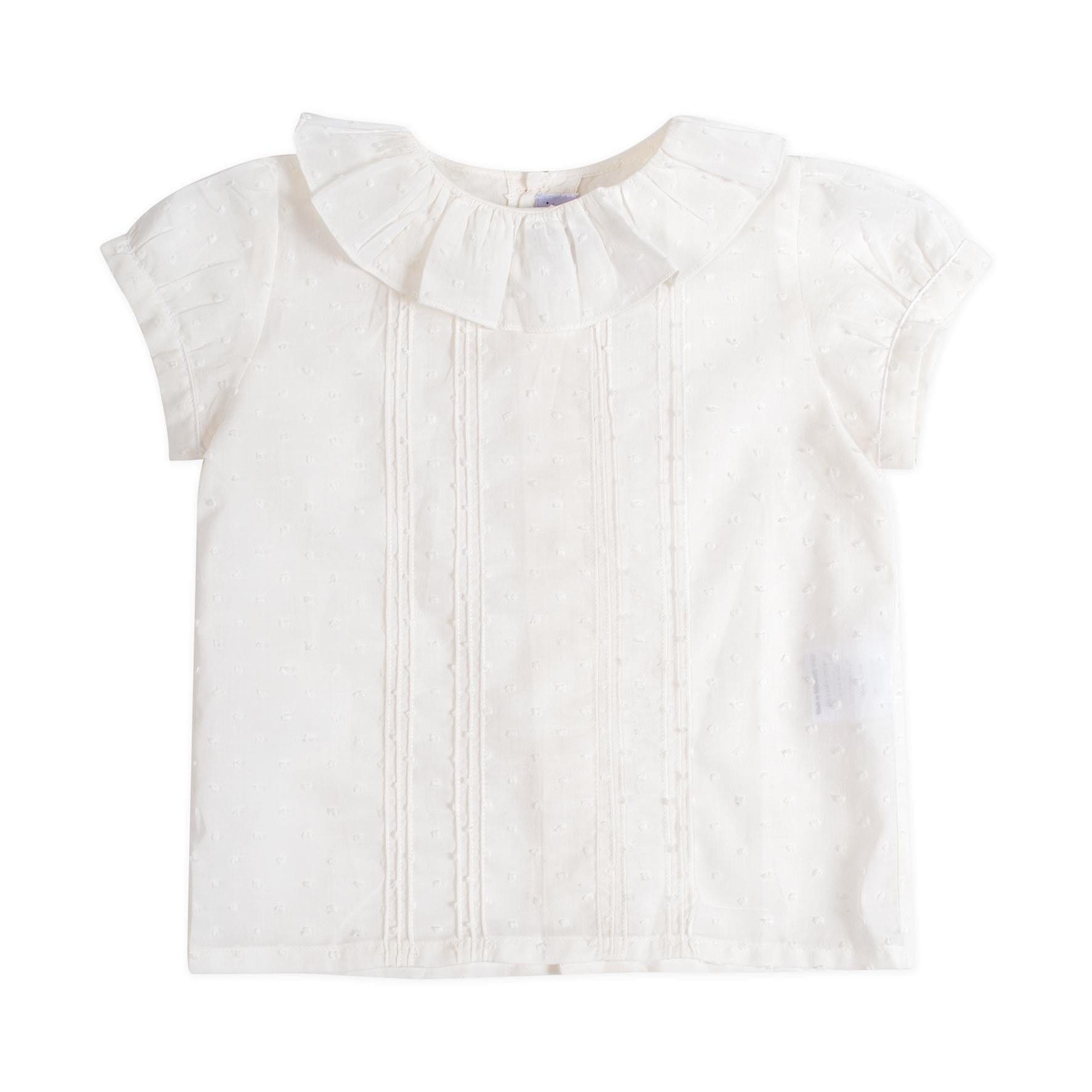 Anémone , girl blouse with ruffled collar and pintucks on front, in Off white plumetis