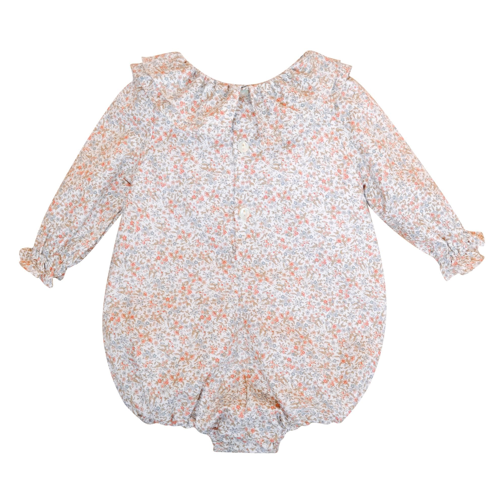 Anthéa, Barboteuse bébé fille manches longues, grand col volanté et brodé, nude rose / imprimé fleuri bleu ciel - Anthéa, Baby girl's long-sleeved romper, large ruffled and embroidered collar, in Rose nude / Sky blue floral print