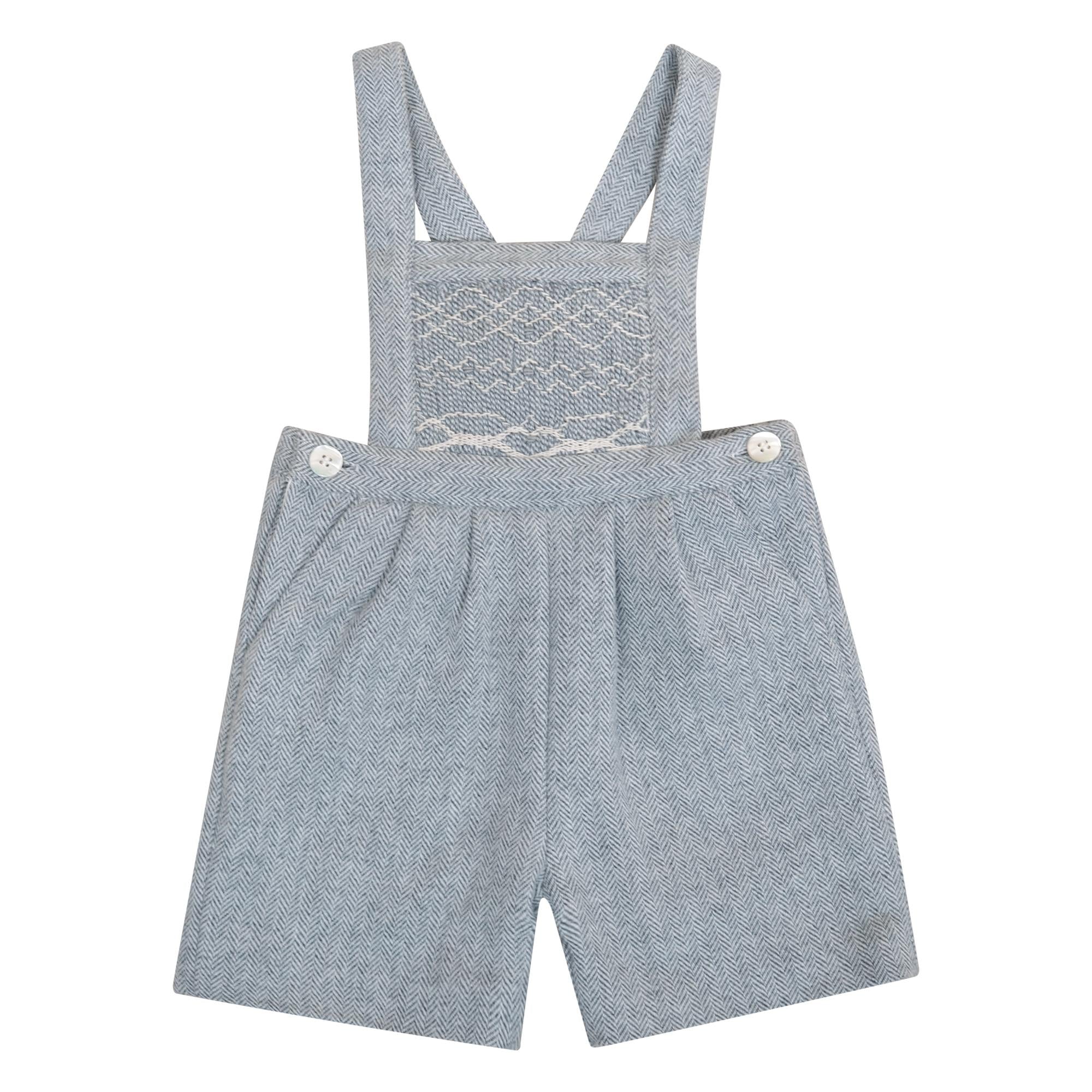 Aurélien, Salopette Garçon, devant smocké, en Chevrons gris avec laine - Aurélien, Boy's dungarees, smocked front panel, in Grey herringbones with wool