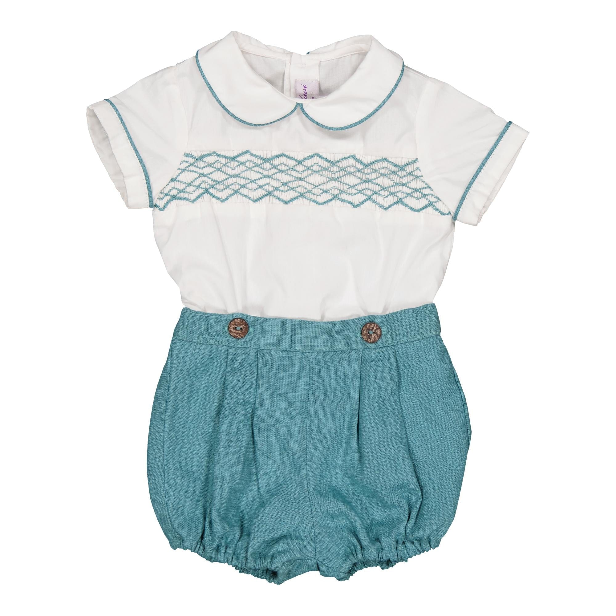 Barnabé, baby boy set made up of a white smocked shirt with peterpan collar and a bloomer, in Teal Linen