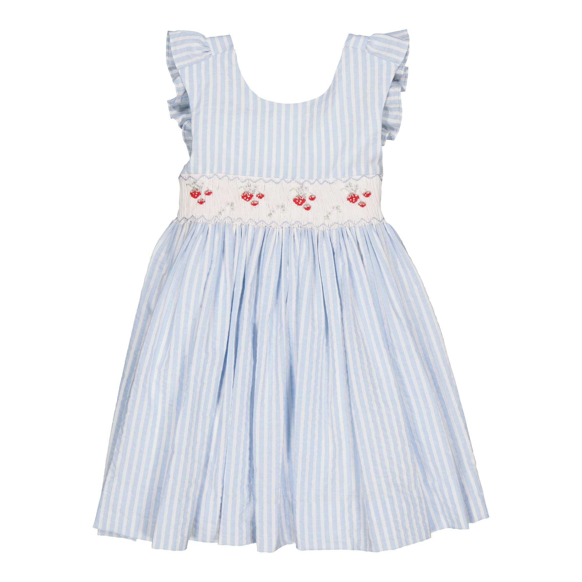 Begonia, smocked dress with ruffled straps in the back, in blue and white  striped seersucker - 3M