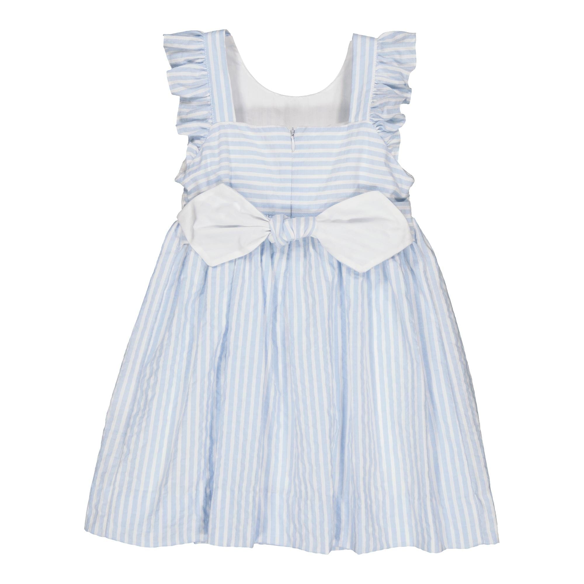 Begonia, smocked dress with ruffled straps in the back, in blue and white  striped seersucker - 3M