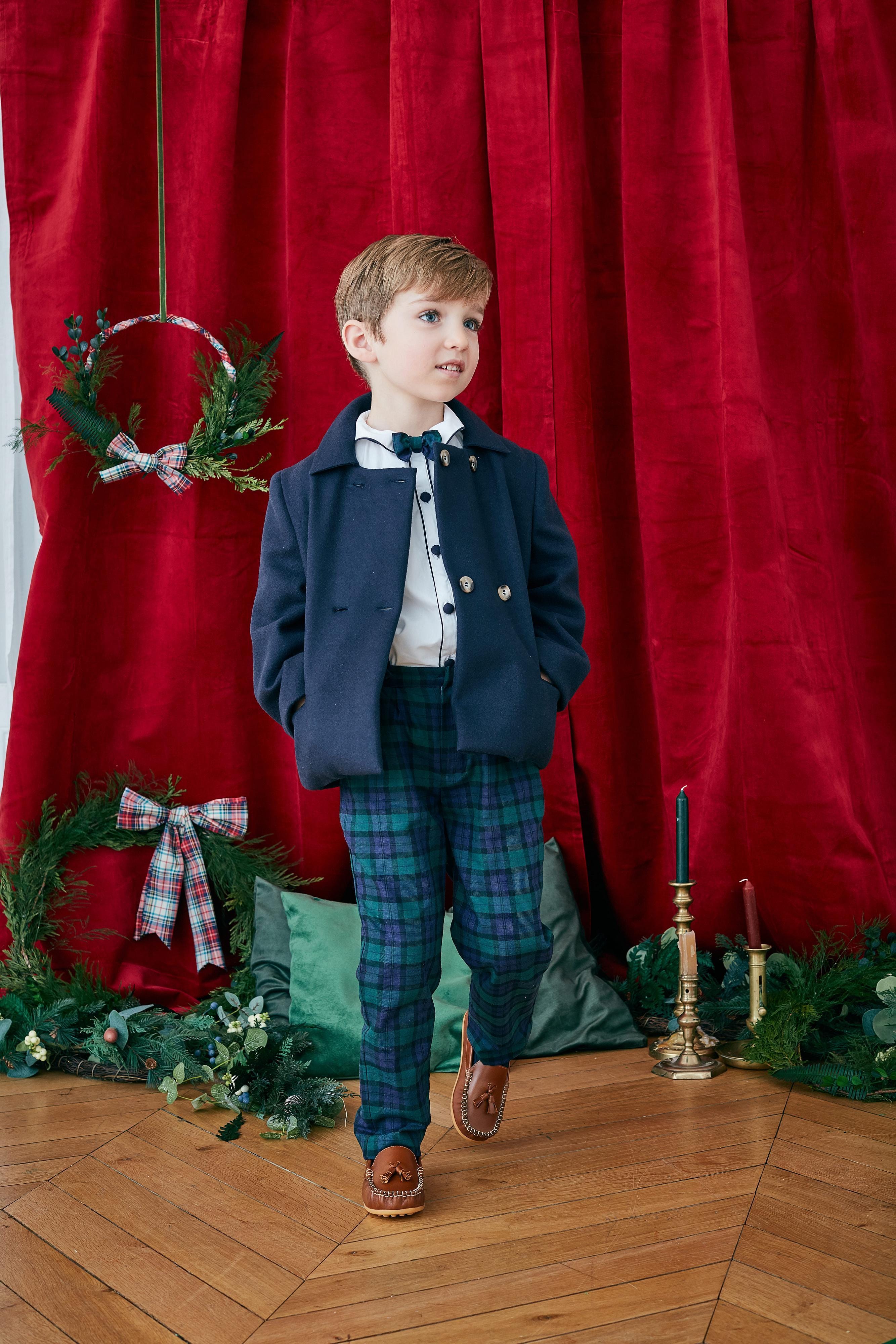 Bertrand, Boy's trousers with removable suspenders, in Cotton Blackwatch tartan