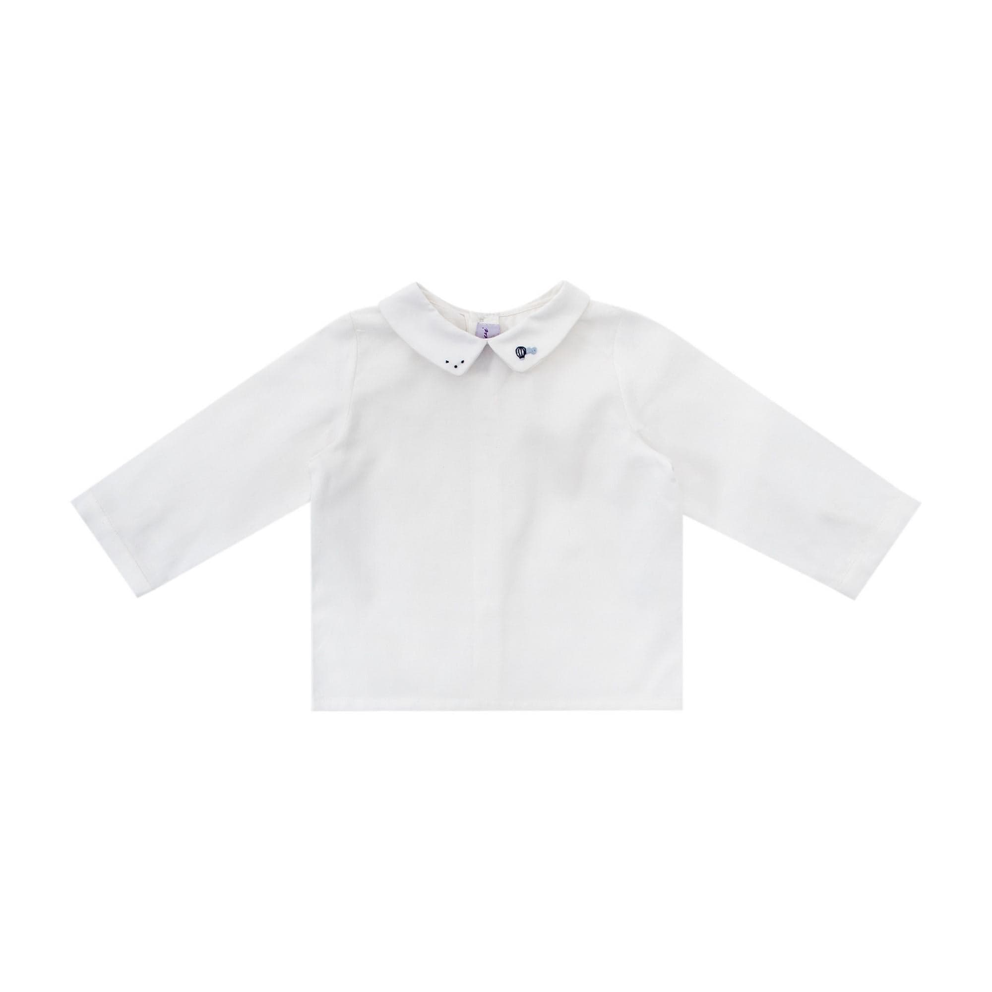 Billy, Boy's long-sleeved blouse, peter pan collar with balloon embroidered, in Organic off white Twill