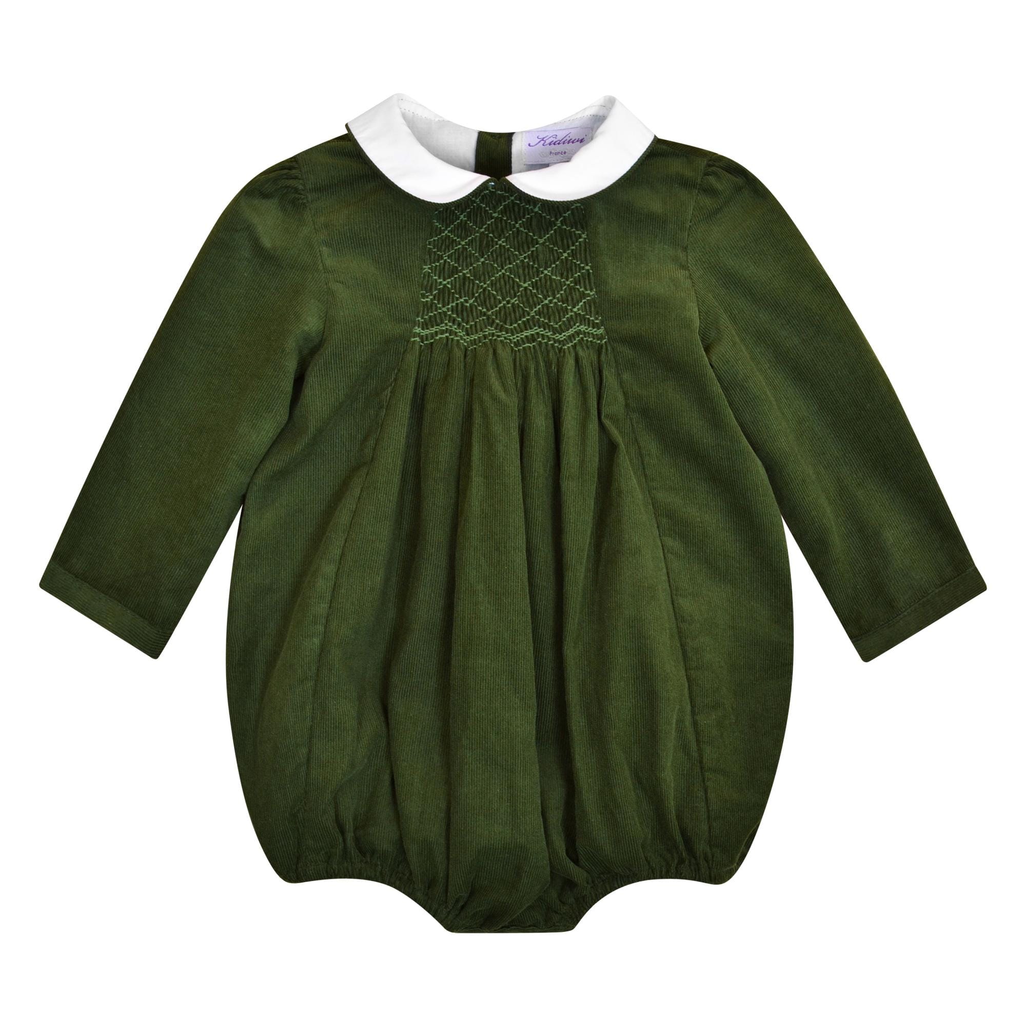 Caleb, Barboteuse bébé manches longues, col claudine, smockée devant, en velours côtelé Olive - Caleb, Long-sleeved baby romper, Peter Pan collar, smocked in front, in Olive corduroy