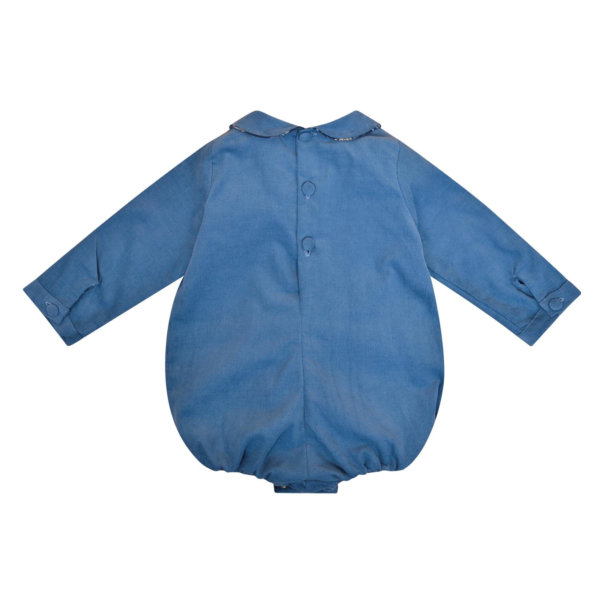 Caleb, Long-sleeved baby romper, Peter Pan collar with Liberty trim, smocked in front, in Blue porcelaine corduroy