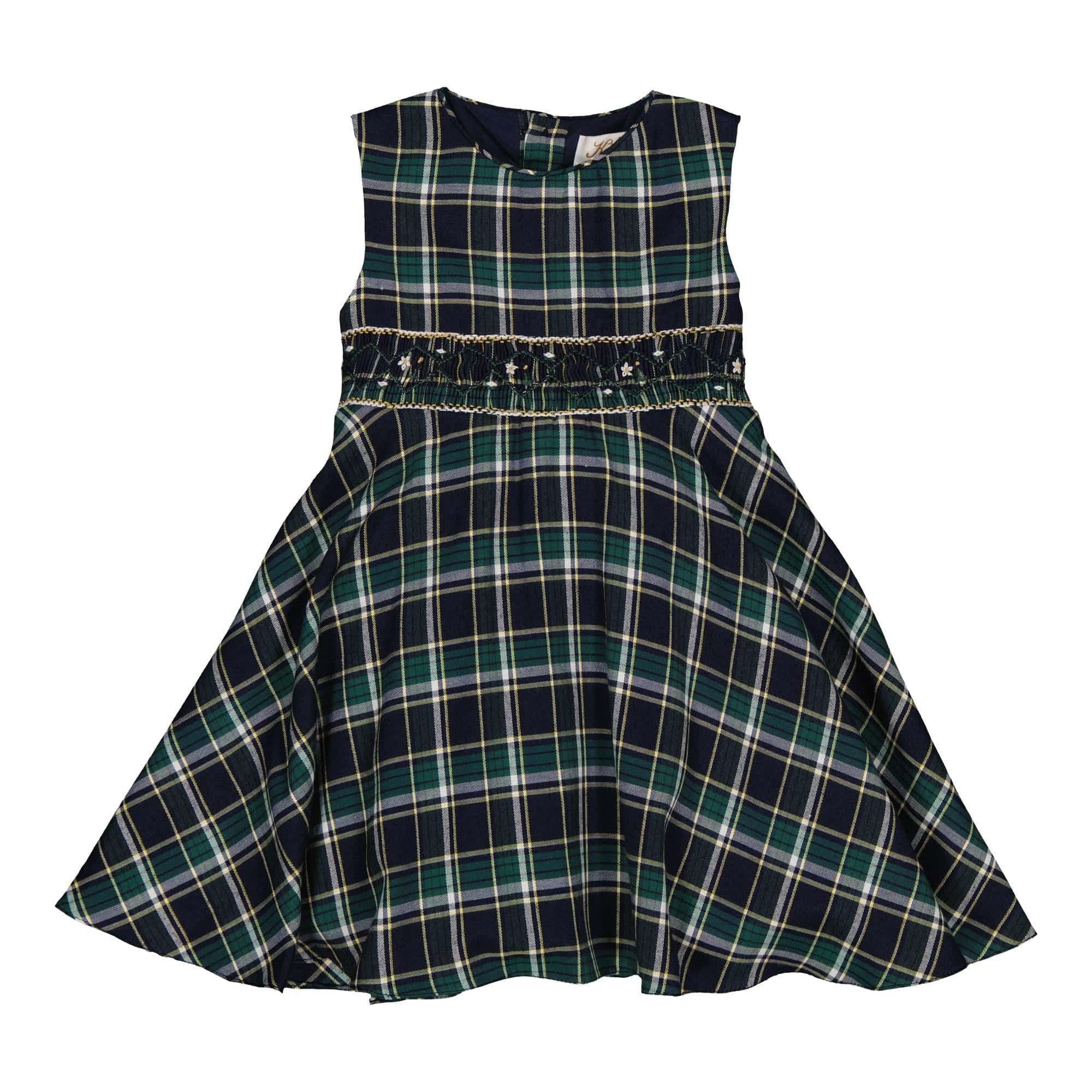 Carmine, robe à smocks en tartan bleu et vert