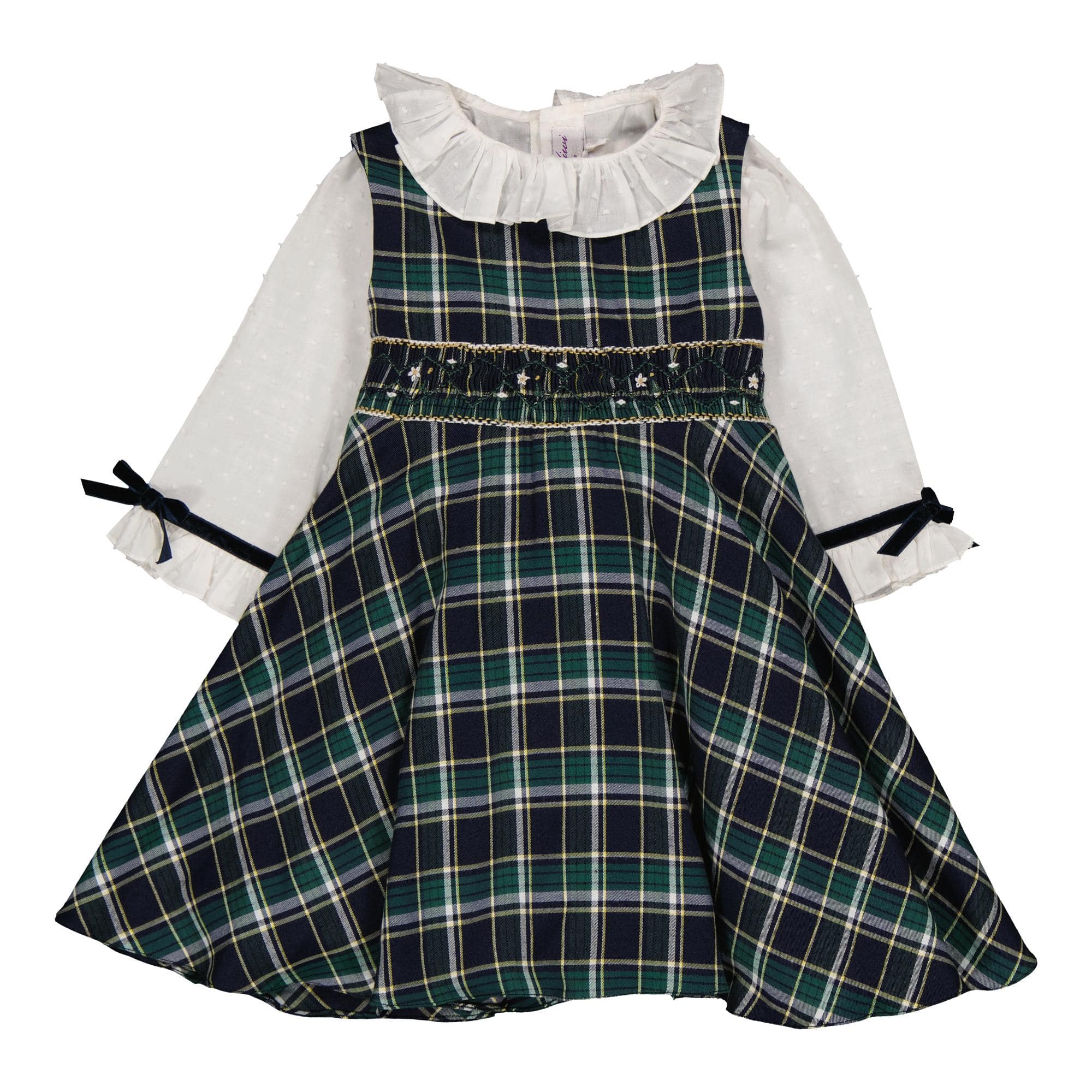 Carmine, robe à smocks en tartan bleu et vert