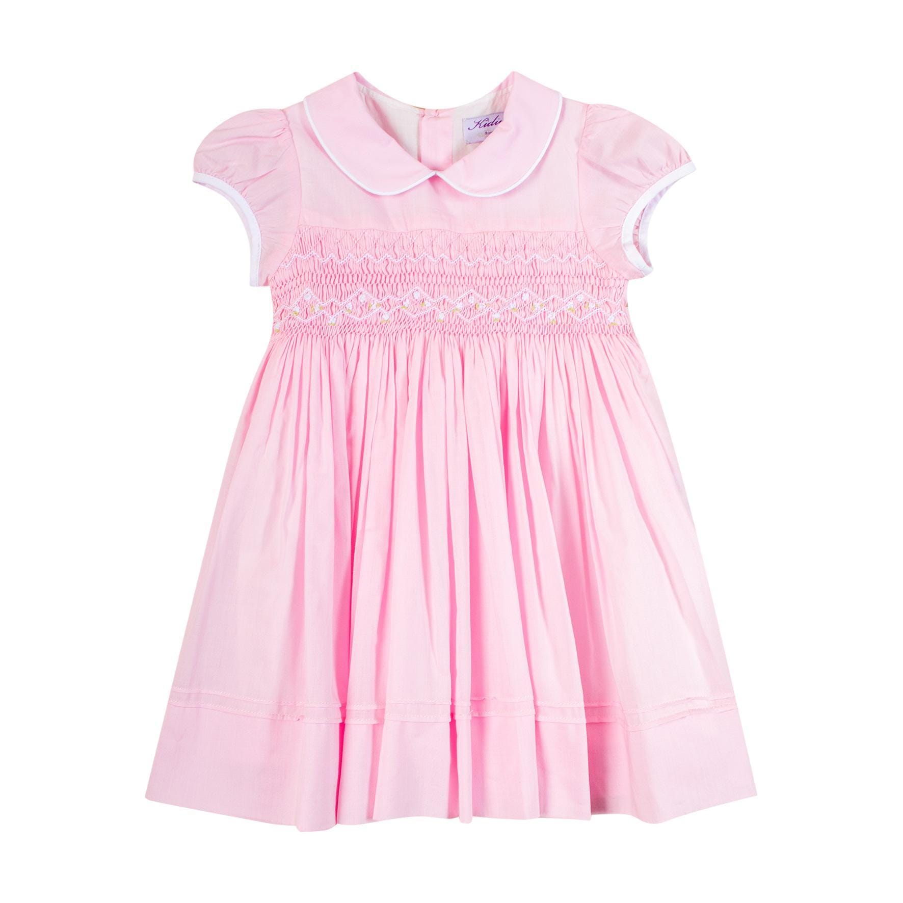 Céleste, Robe à smockés col claudine et manches courtes en voile rose BIO - disponible en 12M