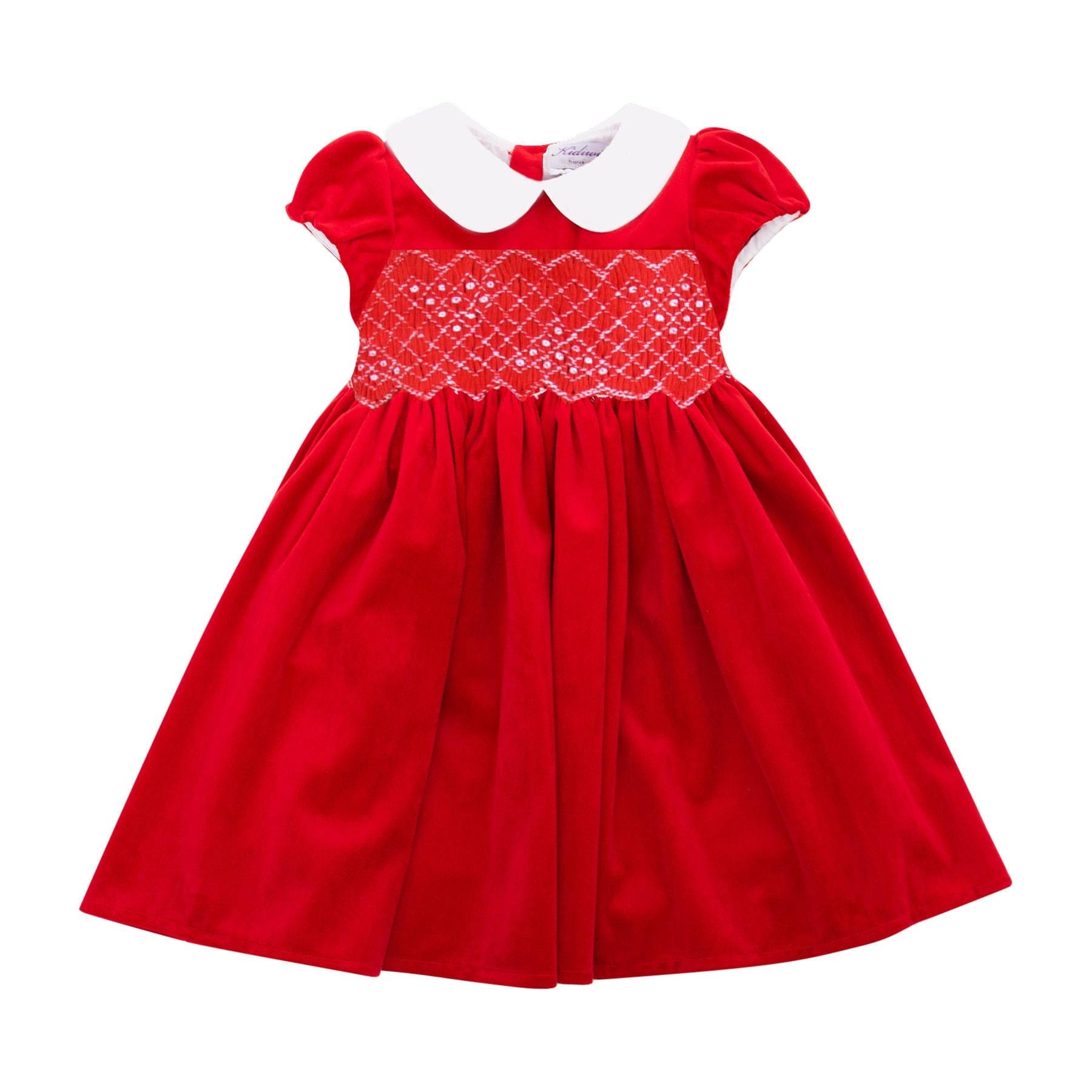 Clémence, *puffed sleeves* Dress with peter pan collar, smocked waist, zipped back opening, in Red velvet