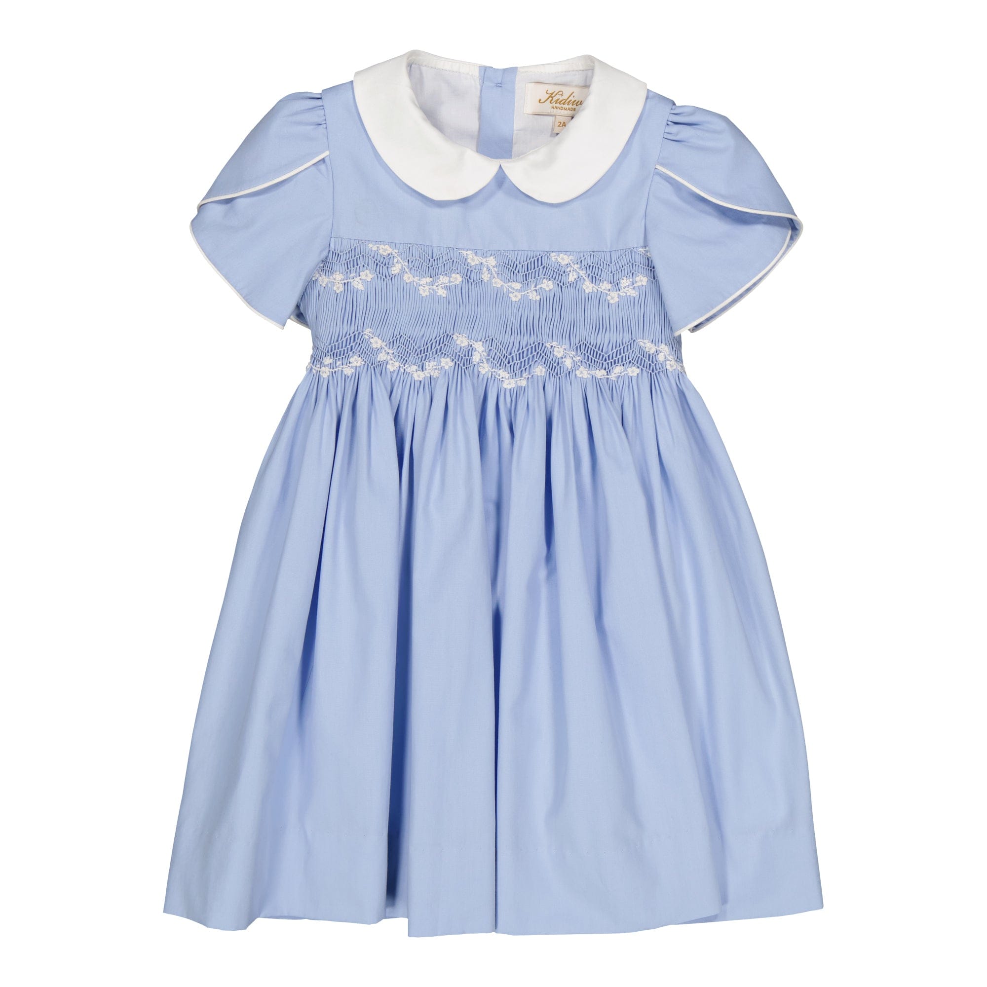 Clémence, robe à smocks en popeline bleuet