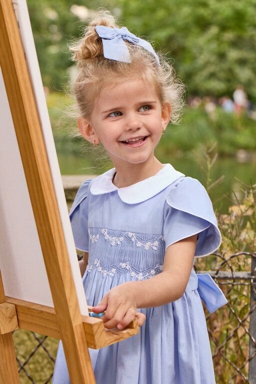 Clémence, robe à smocks en popeline bleuet